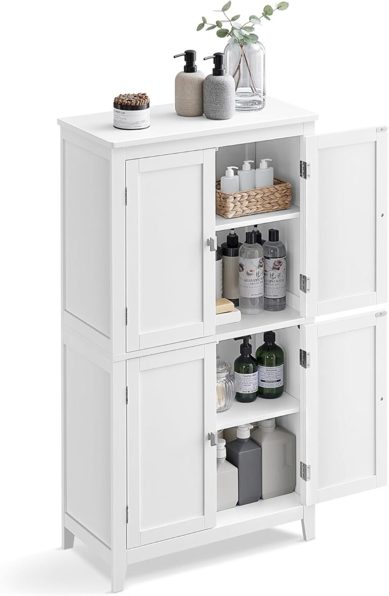 VASAGLE Bathroom Floor Storage Cabinet with 4 Doors, Cloud White
