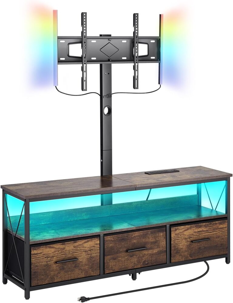 VEVOR 52" TV Stand with Mount for up to 75 in TVs, Entertainment Center with Power Outlet & LED Lights, Height Adjustable TV Console with Mount with 3 Drawers for Bedroom, Living Room, Brown