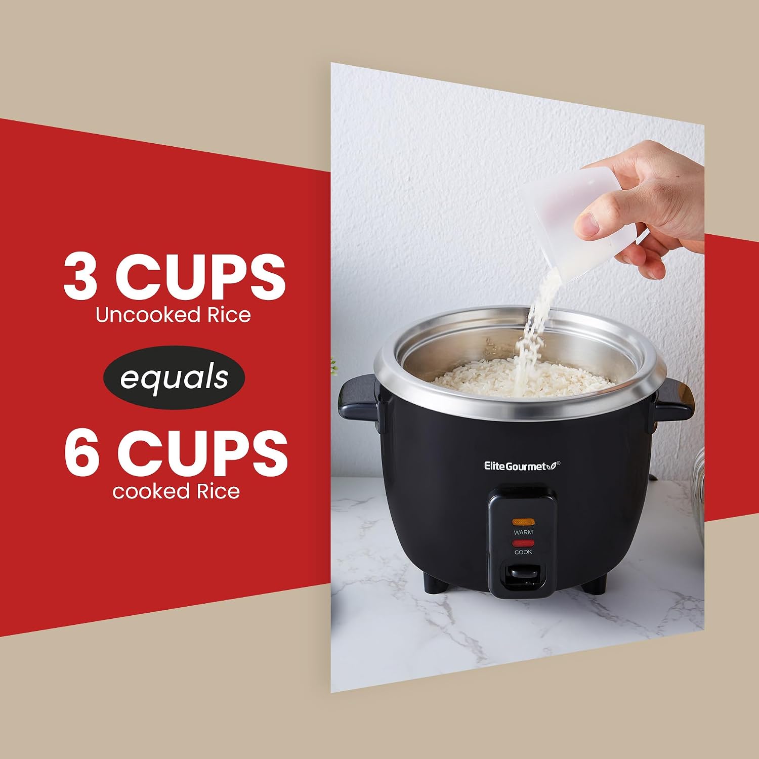 Elite Gourmet ERC003BX Rice Cooker, Keep Warm, Black, 6 Cups Cooked - Image 6