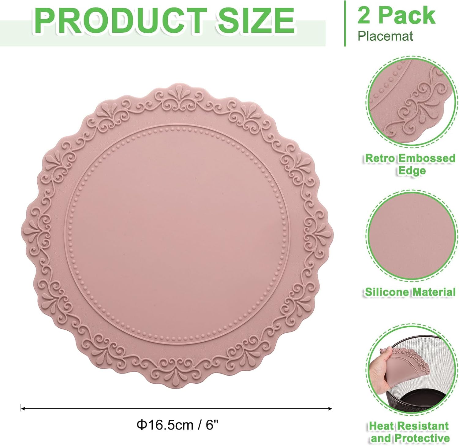 uxcell 2 Pack 6.5" Silicone Placemat for Dining Table, Round Table Placemats Heat Resistant Waterproof Oil Proof Kitchen Placemats (Pink) - Image 2
