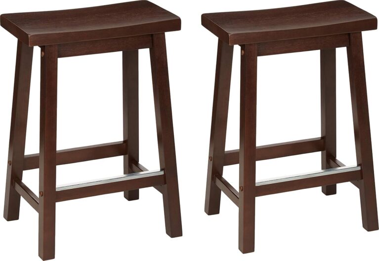 Amazon Basics Solid Wood Saddle-Seat Counter Height Bar Stools for Kitchen Island with Footrest, 24-Inch Height, Walnut, Set of 2