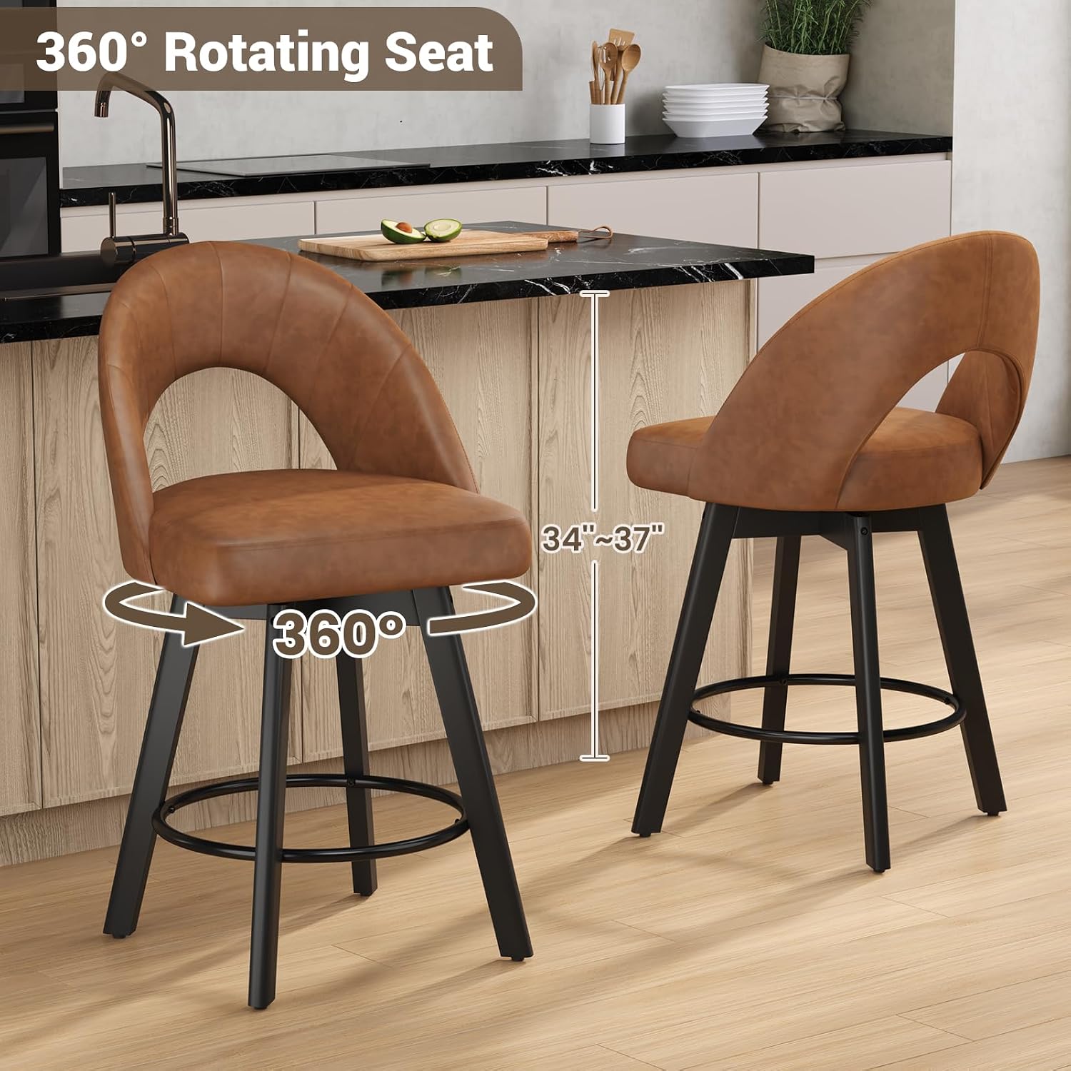 YaFiti 24" Counter Height Bar Stools Set of 2, Faux Leather, Light Tan - Image 2