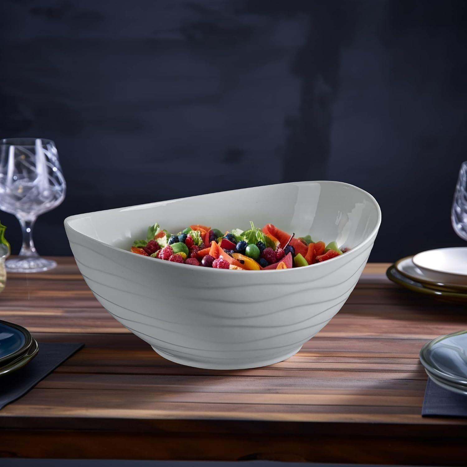 KITEISCAT Extra Large Elegant Ceramic Oval Salad Bowl Set with Premium Acacia Wood Salad Serving Utensils - Large Capacity, Stylish and Practical, Kitchen Must-Have - Image 5