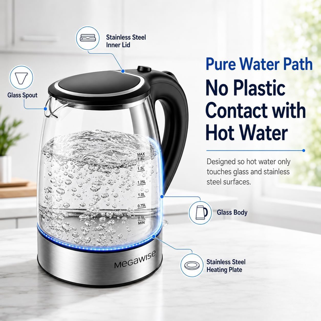 MEGAWISE Electric Kettle, 1.8L Glass Tea Kettle, Auto Shut-Off, Boil-Dry - Image 3