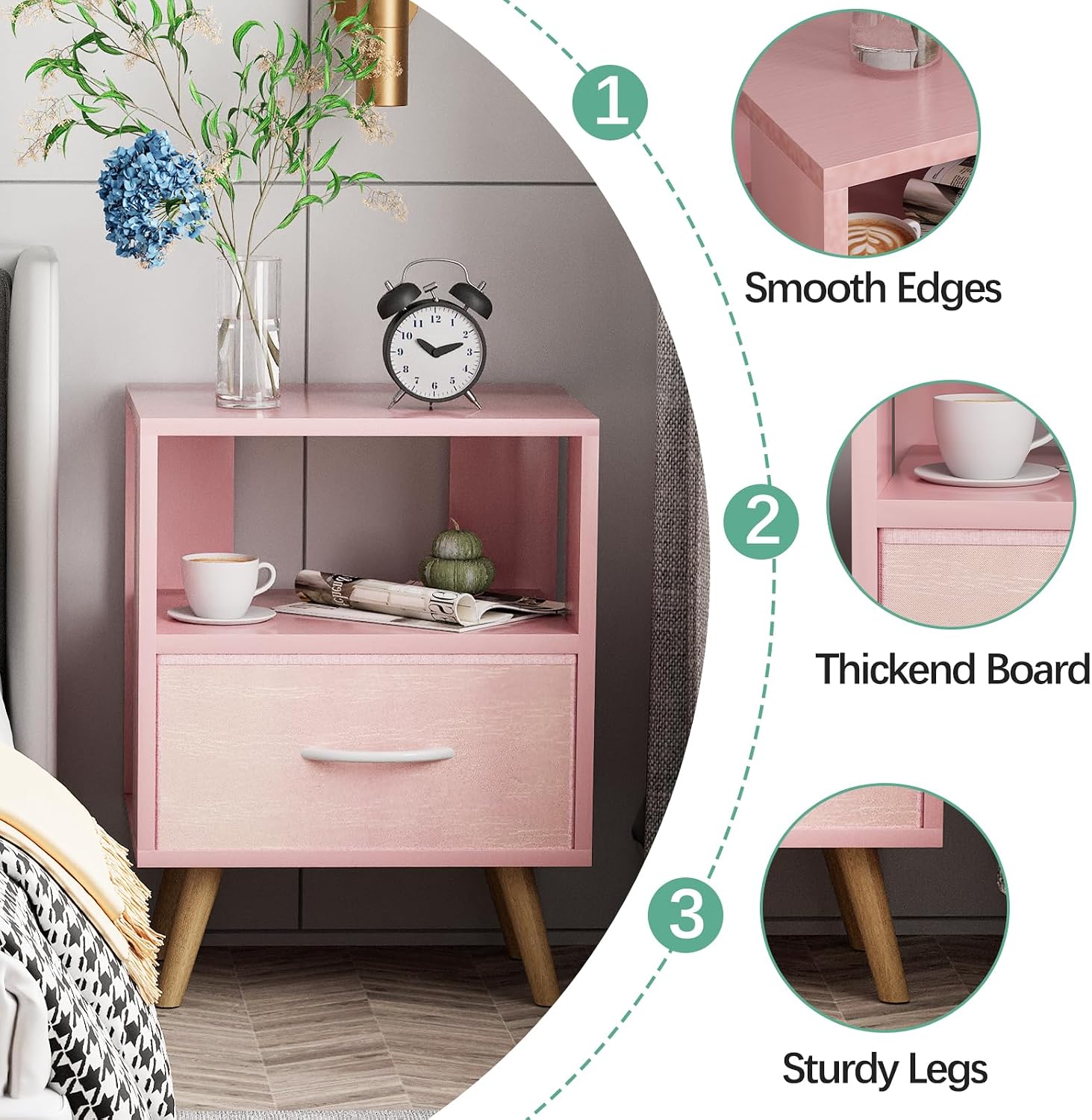 Aenuert Night Stand, Pink Kids Nightstand with Drawer, Nursery Side Table with Open Storage, 2-Tier Modern End Table, Bedside Table for Small Space, Living Room, Bedroom - Image 3