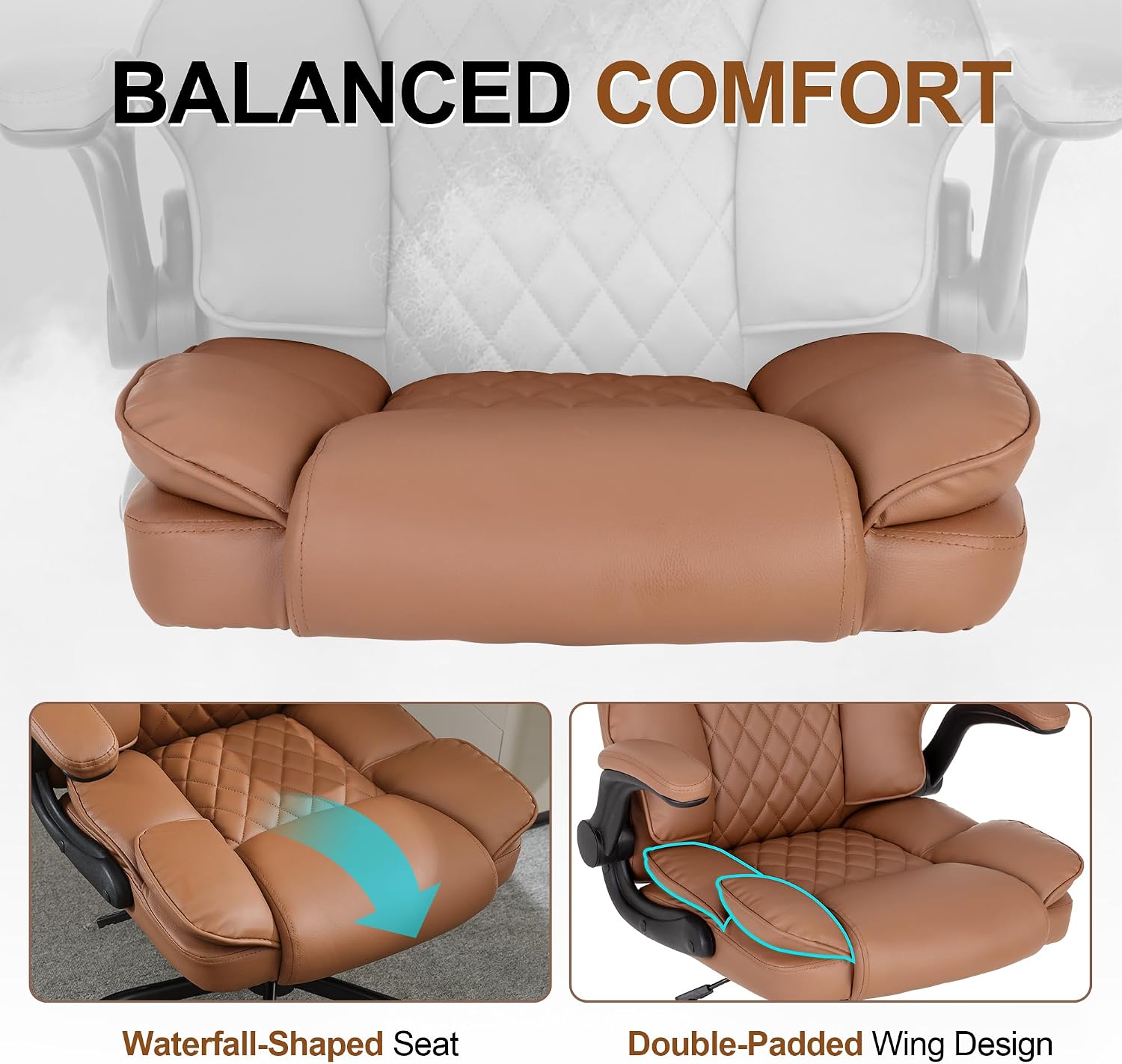 Office Desk Chair,Mid Back Executive Leather Chair,Ergonomic Home Computer Chair,Modern Conference Room Chairs with Adjustable Flip-Up Arms and Rocking Function (Brown) - Image 4