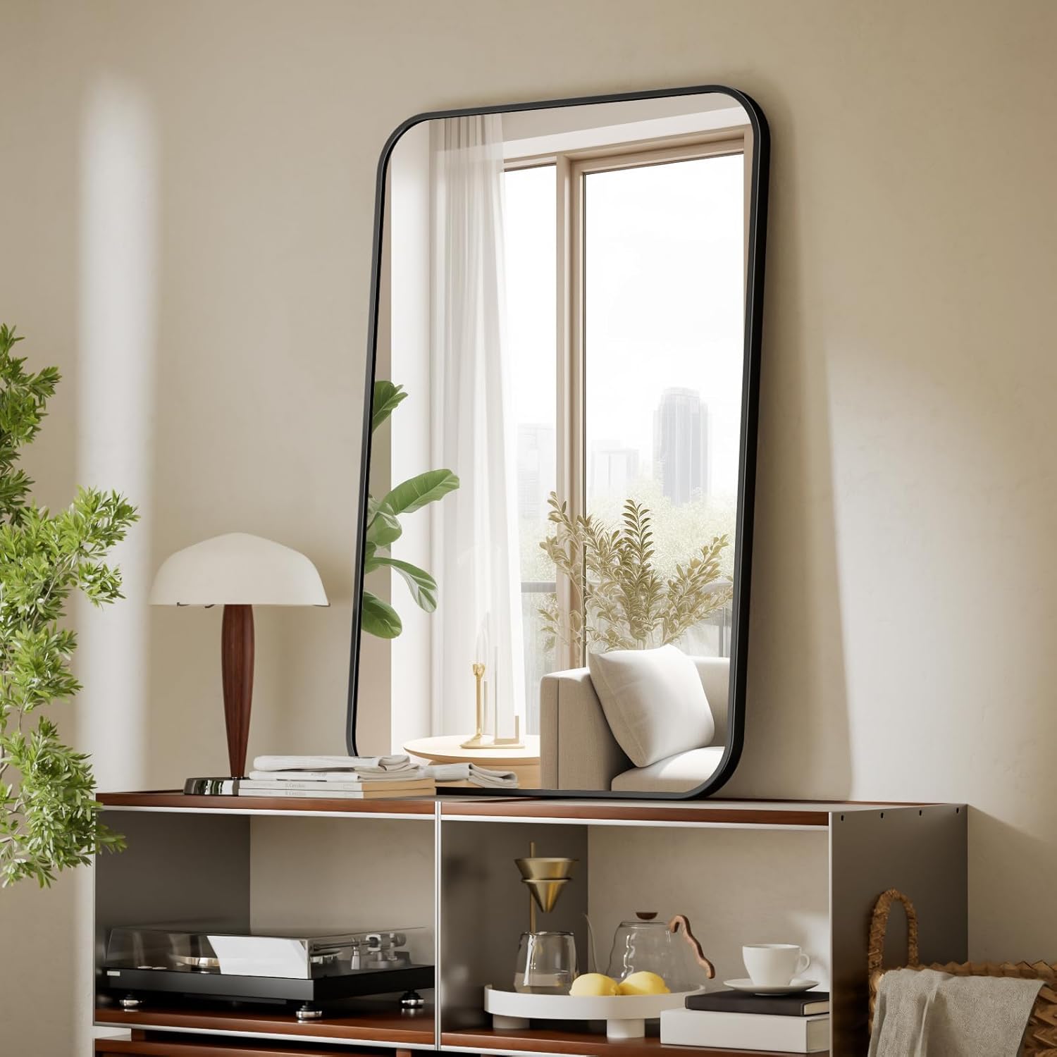 BEAUTYPEAK 24" x 36" Rectangular Aluminum Alloy Frame Wall Mounted Bathroom Mirror with Rounded Corners, Black - Image 6