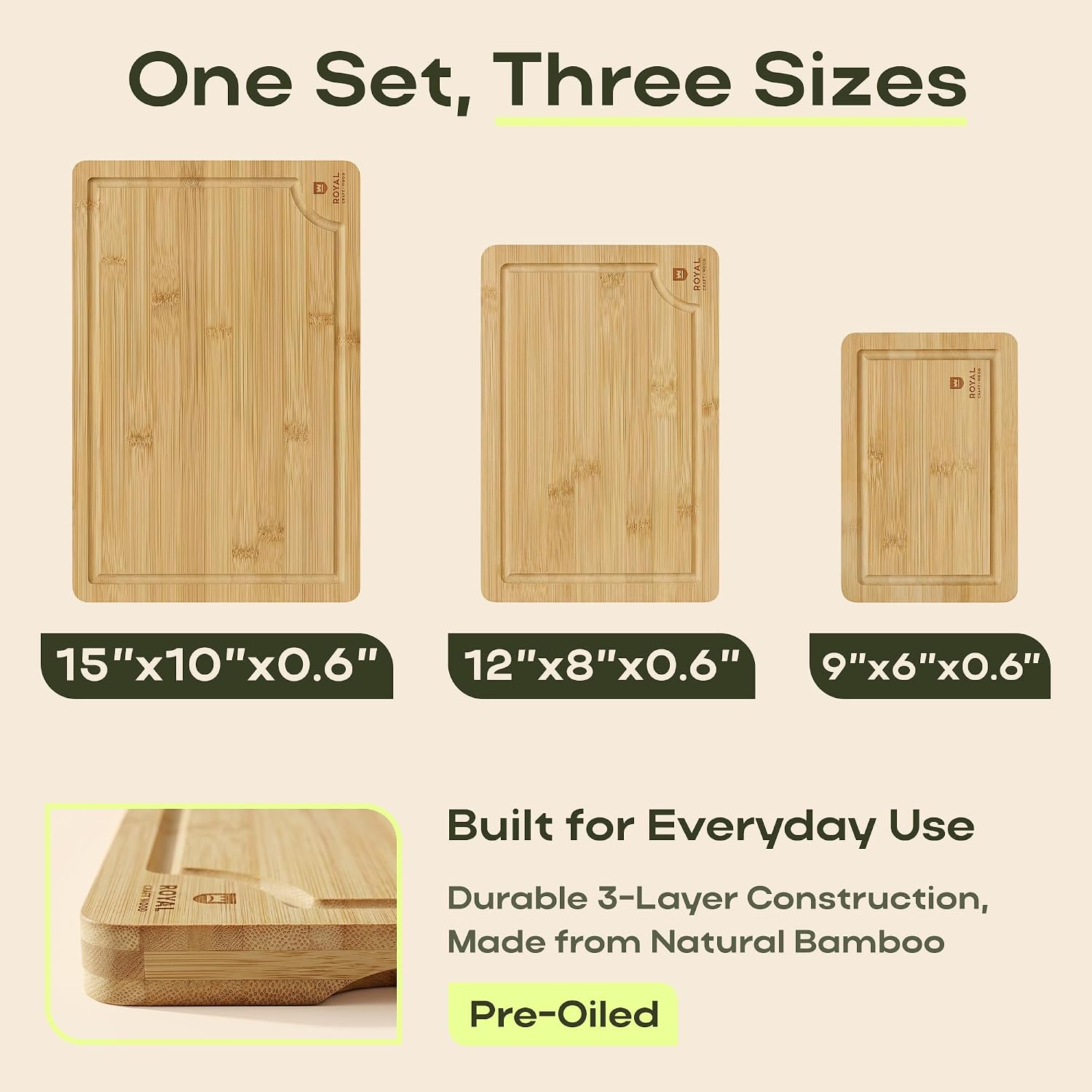 ROYAL CRAFT WOOD Wooden Cutting Boards for Kitchen Meal Prep & Serving - Bamboo Wood Serving Board Set with Deep Juice Groove Side Handles - Charcuterie & Chopping Butcher Block for Meat - Image 2
