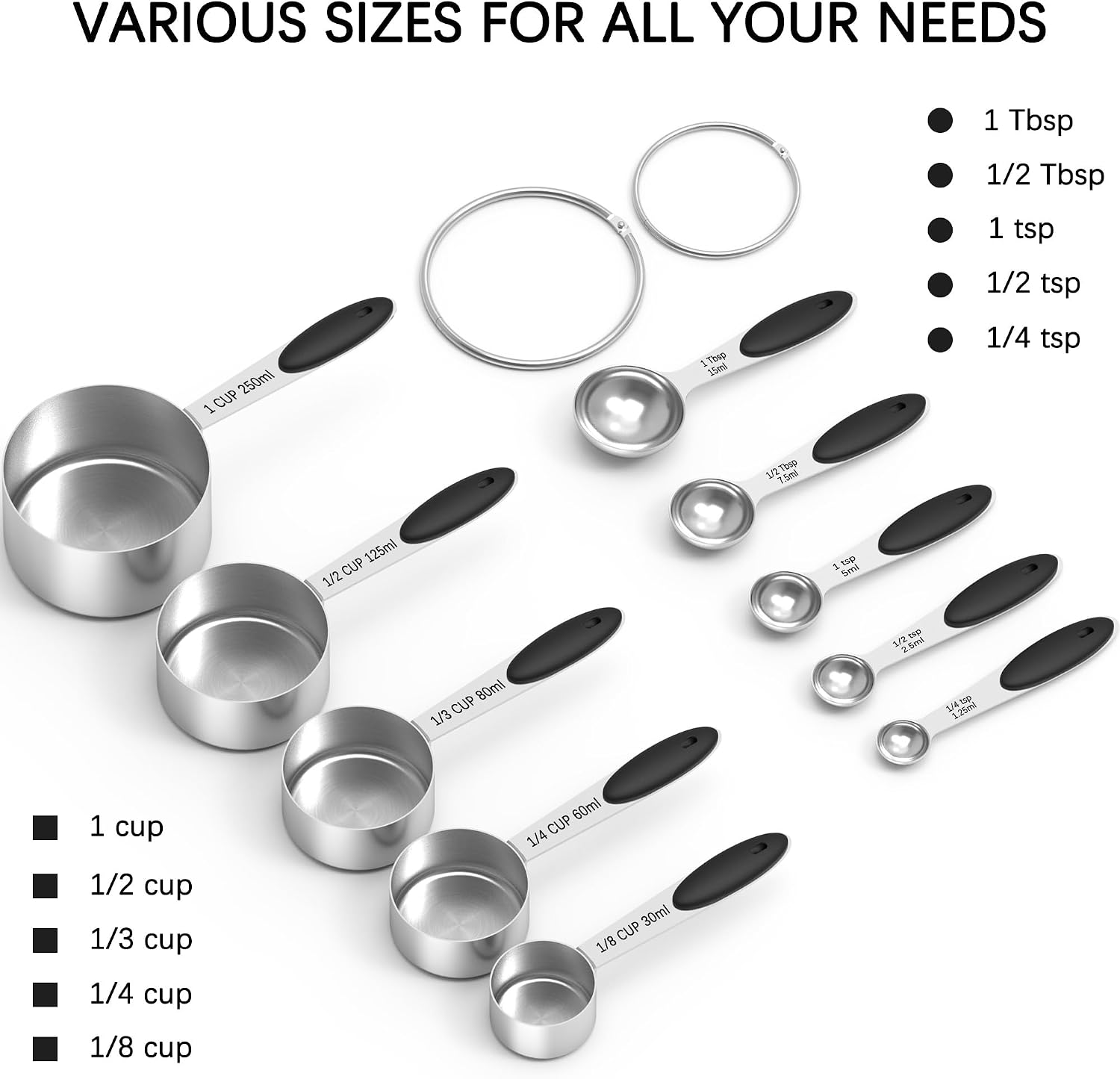 TILUCK Stainless Steel Measuring Cups and Spoons Set with Silicone Handle – Nesting Design for Space-Saving, Heavy Duty & Dishwasher Safe for Dry/Liquid Ingredients, Cooking & Baking (10) - Image 2