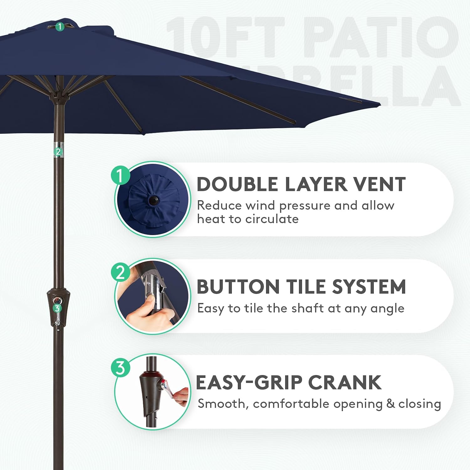 JEAREY 10FT Outdoor Patio Umbrella, Market Umbrella, Navy - Image 2