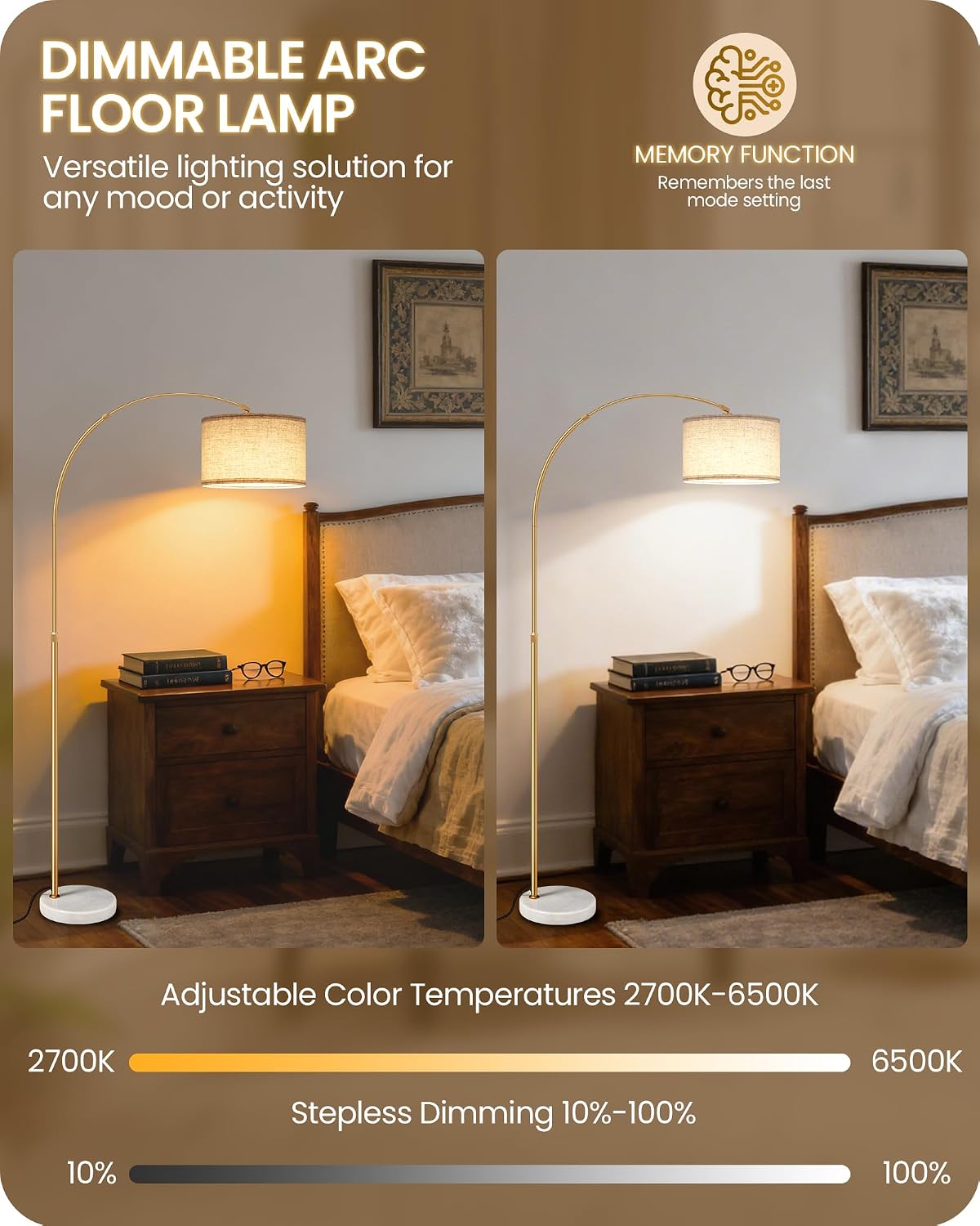 75" Dimmable Gold Arc Floor Lamp with Marble Base, Adjustable Height, Beige - Image 5