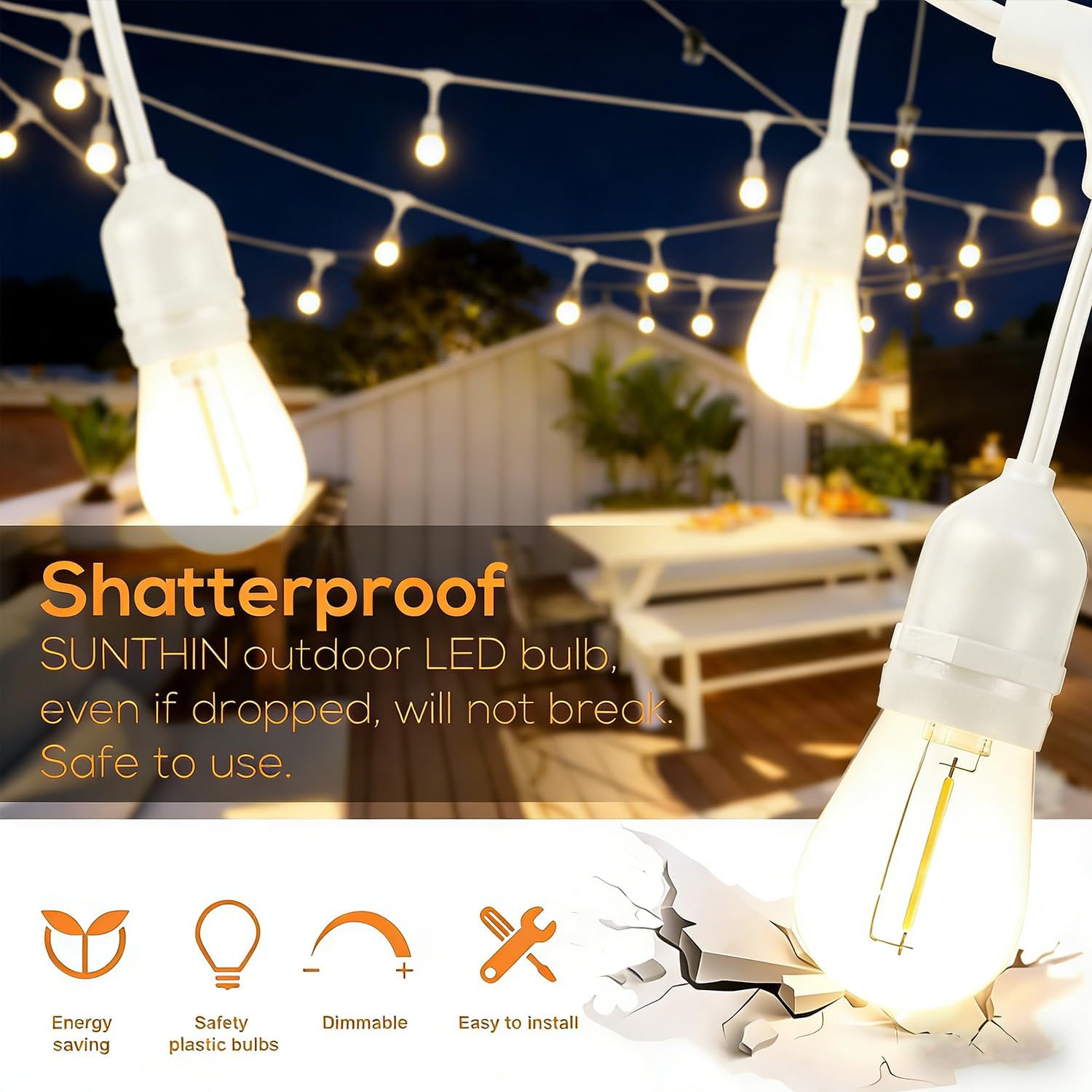 SUNTHIN 50FT White Outdoor String Lights with 16 1W LED Bulbs - Image 4