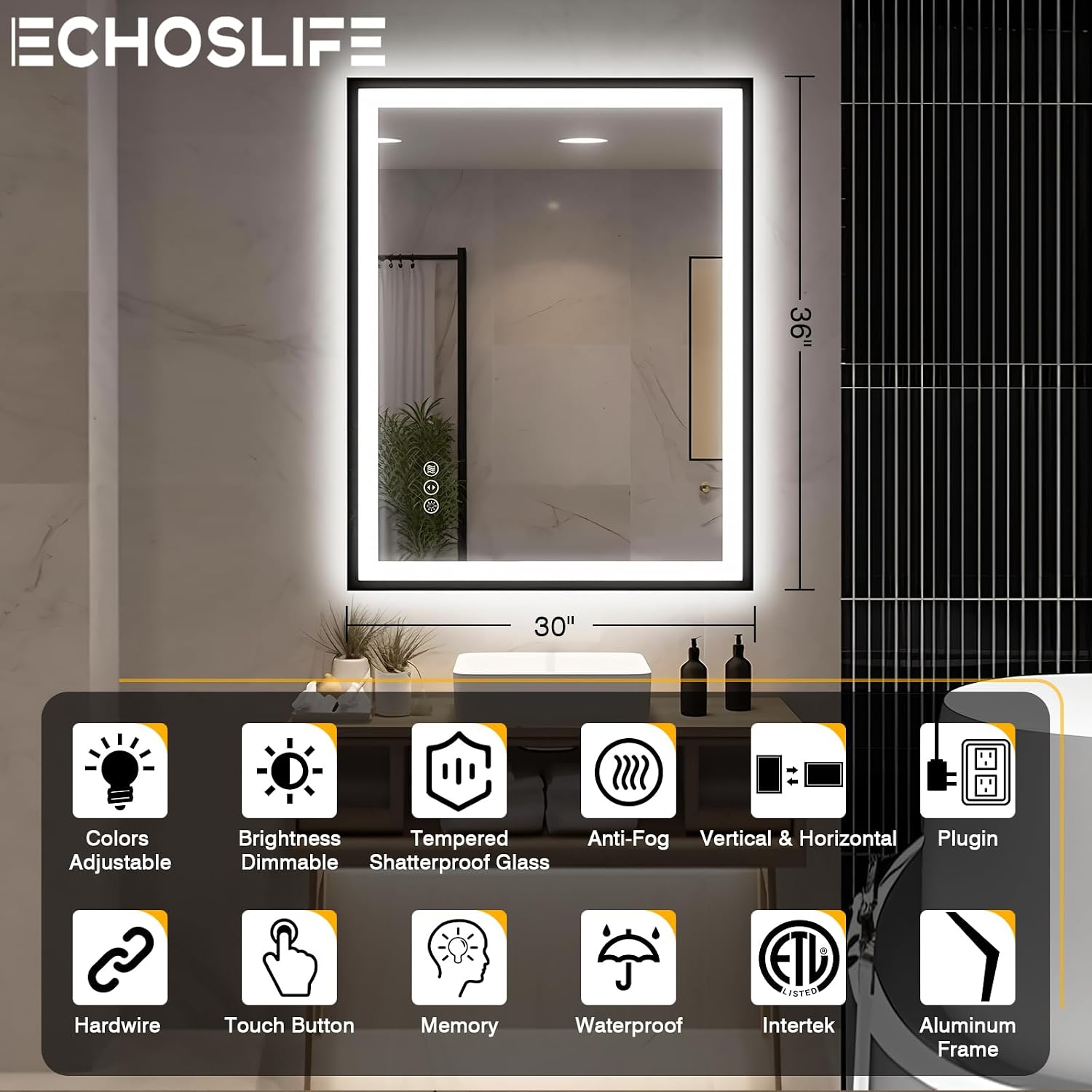 EchosLife 30x36 LED Bathroom Mirror with Lights - Black Framed - Image 2