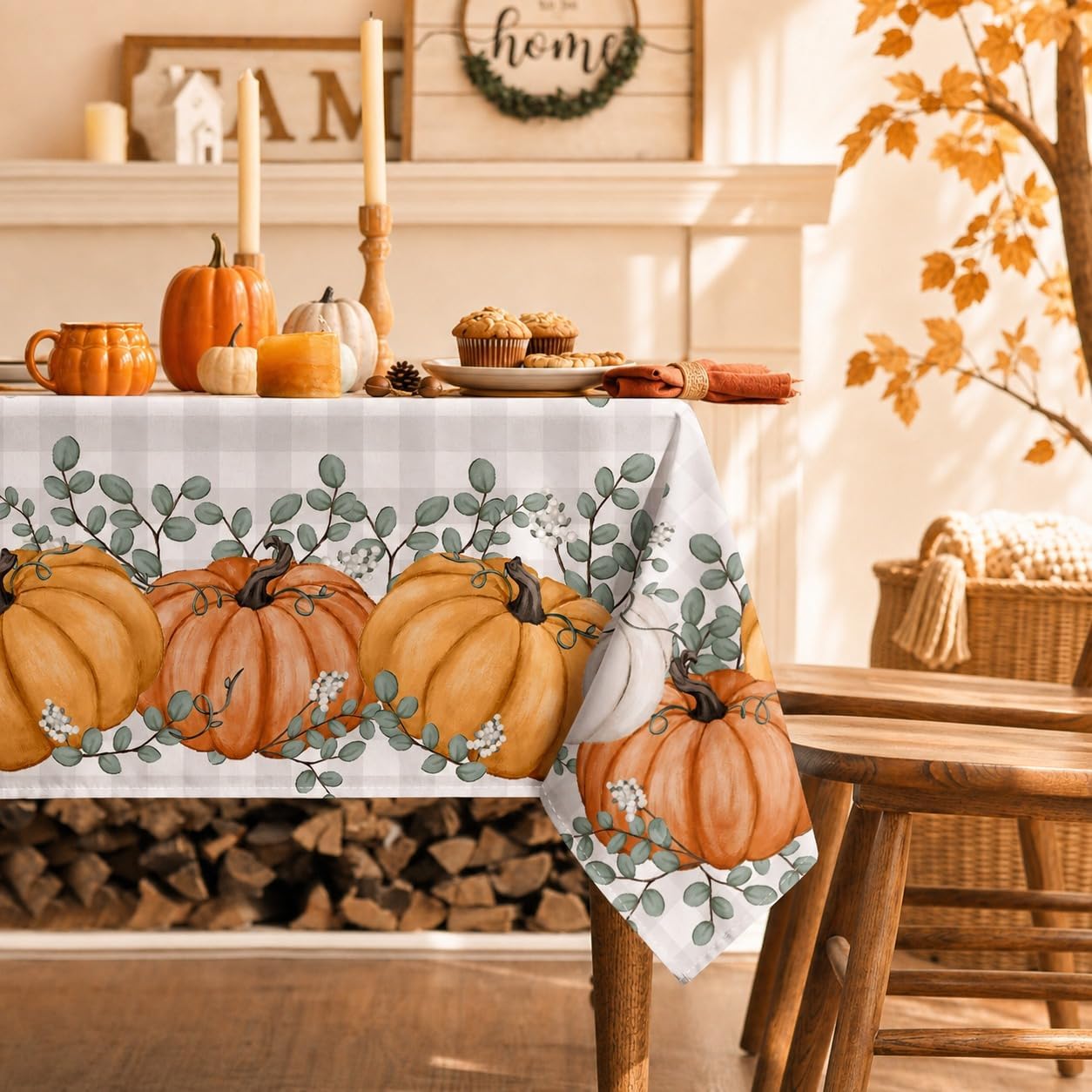 Horaldaily Fall Tablecloth 60x84 Inch Rectangular, Thanksgiving Autumn Harvest Orange Pumpkin Buffalo Plaid Table Cover for Party Picnic Dinner Decor - Image 3
