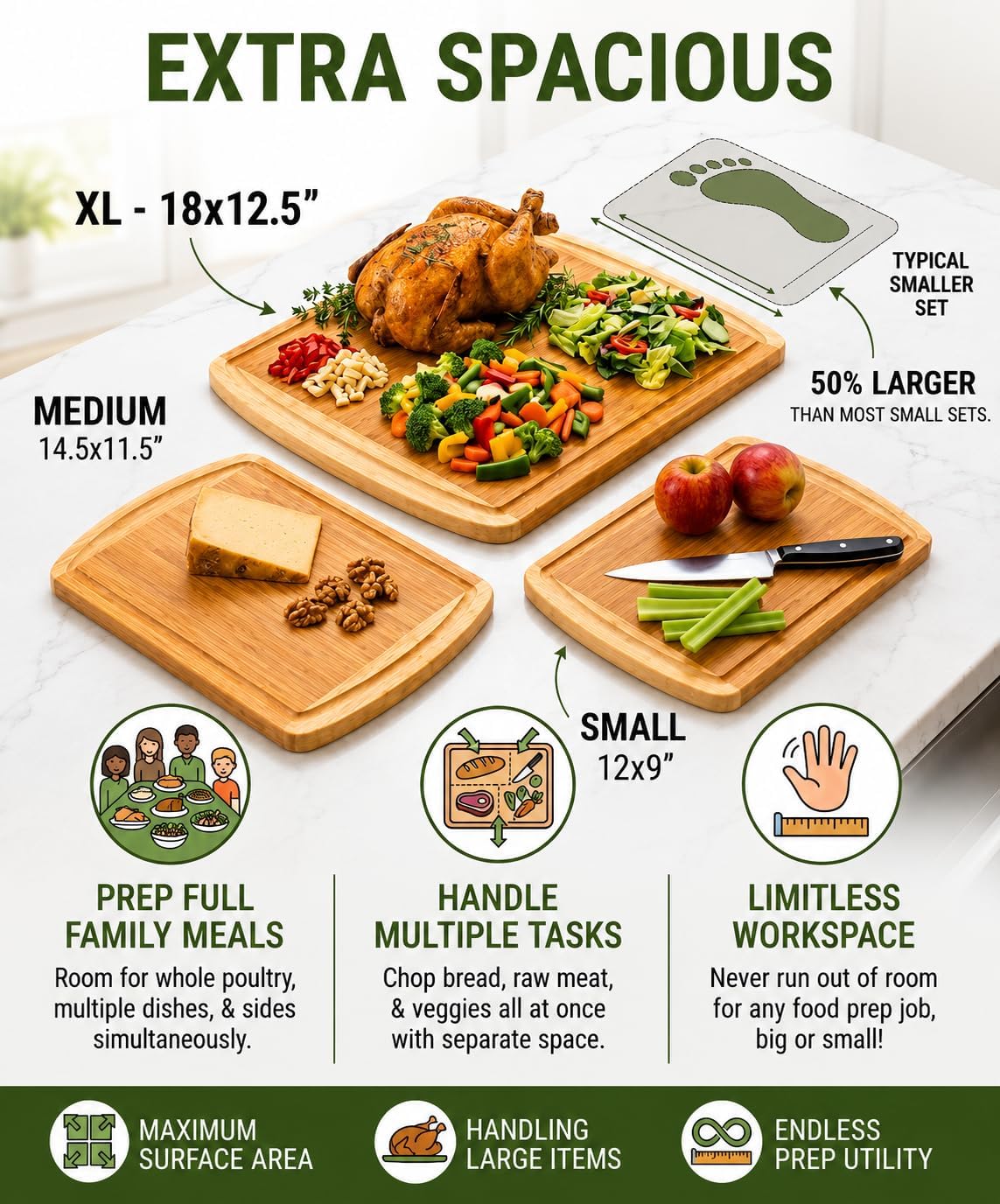 INDESTRUCTIBLE Extra Large Bamboo Cutting Board Set of 3 with Vertical Grain Strength Technology - XL Wood Cutting Boards for Kitchen and Lightweight Chopping Board Set - Replacements for Life - Image 5