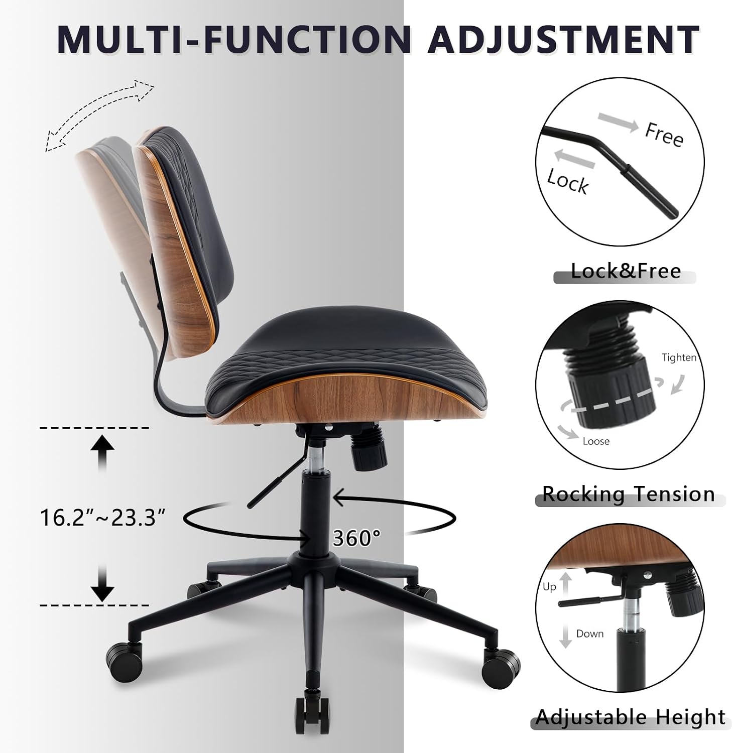 Home Office Chair No Arms with Wheels, Mid Back Walnut Style, Black - Image 7