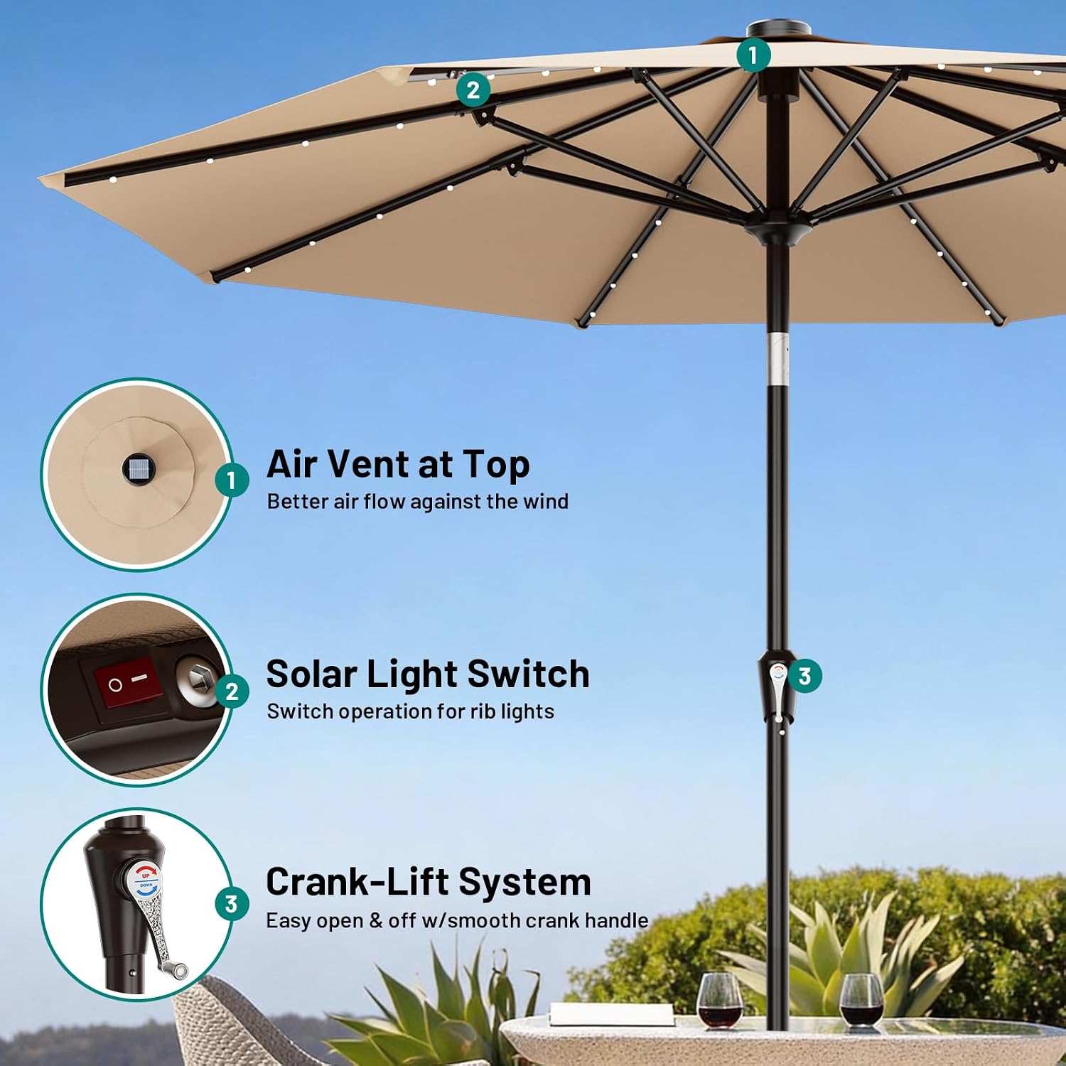 AreShark 9FT Patio Umbrella with Solar Lights, 32 Lighted Pool Umbrella w/Tilt and Crank, Outdoor Market Solar Umbrellas for Garden, Deck, Backyard, Pool and Beach, Beige - Image 2