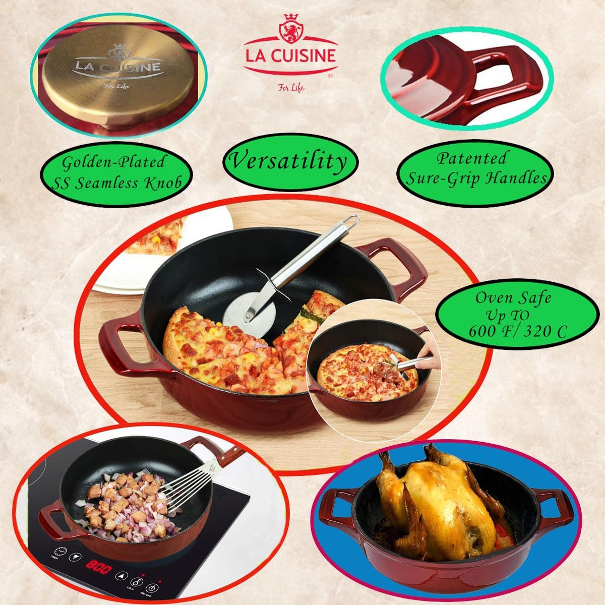 La Cuisine Enameled Cast Iron Braiser Sauté Pan Shallow Dutch Oven with Golden Knob for Lid Internal Matt Black Enamel 3.75 QT 11" / 28cm Ø Oven-Safe 550°F/276°C, Cranberry - Image 2