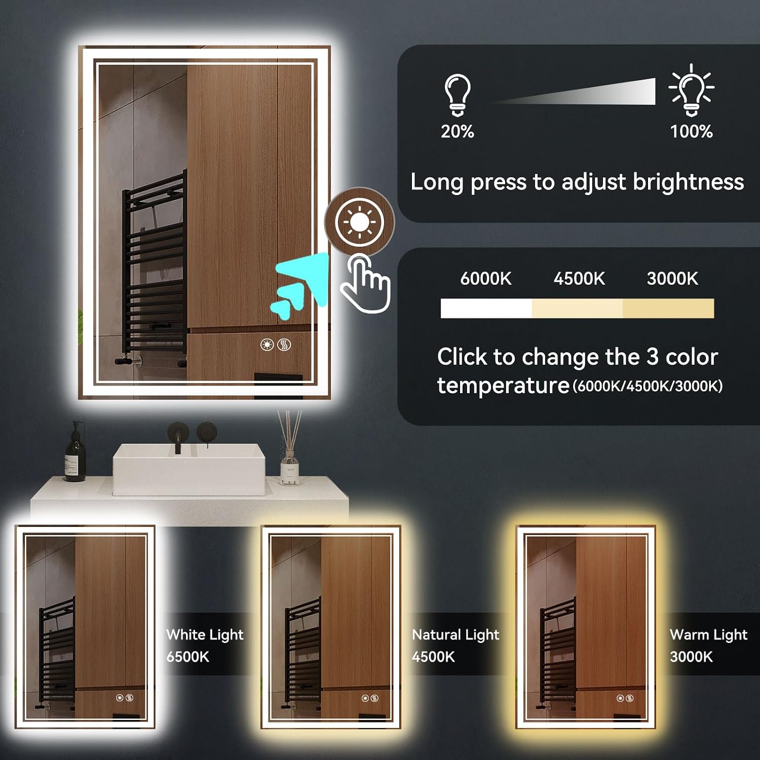 24" x 36" Bathroom Mirror with LED Lights, Anti-Fog, Dimmable 3 Colors - Image 5
