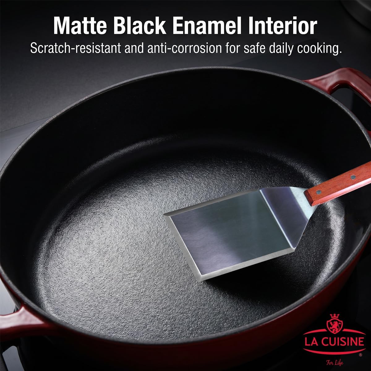 La Cuisine Enameled Cast Iron Braiser Sauté Pan Shallow Dutch Oven with Golden Knob for Lid Internal Matt Black Enamel 3.75 QT 11" / 28cm Ø Oven-Safe 550°F/276°C, Cranberry - Image 6