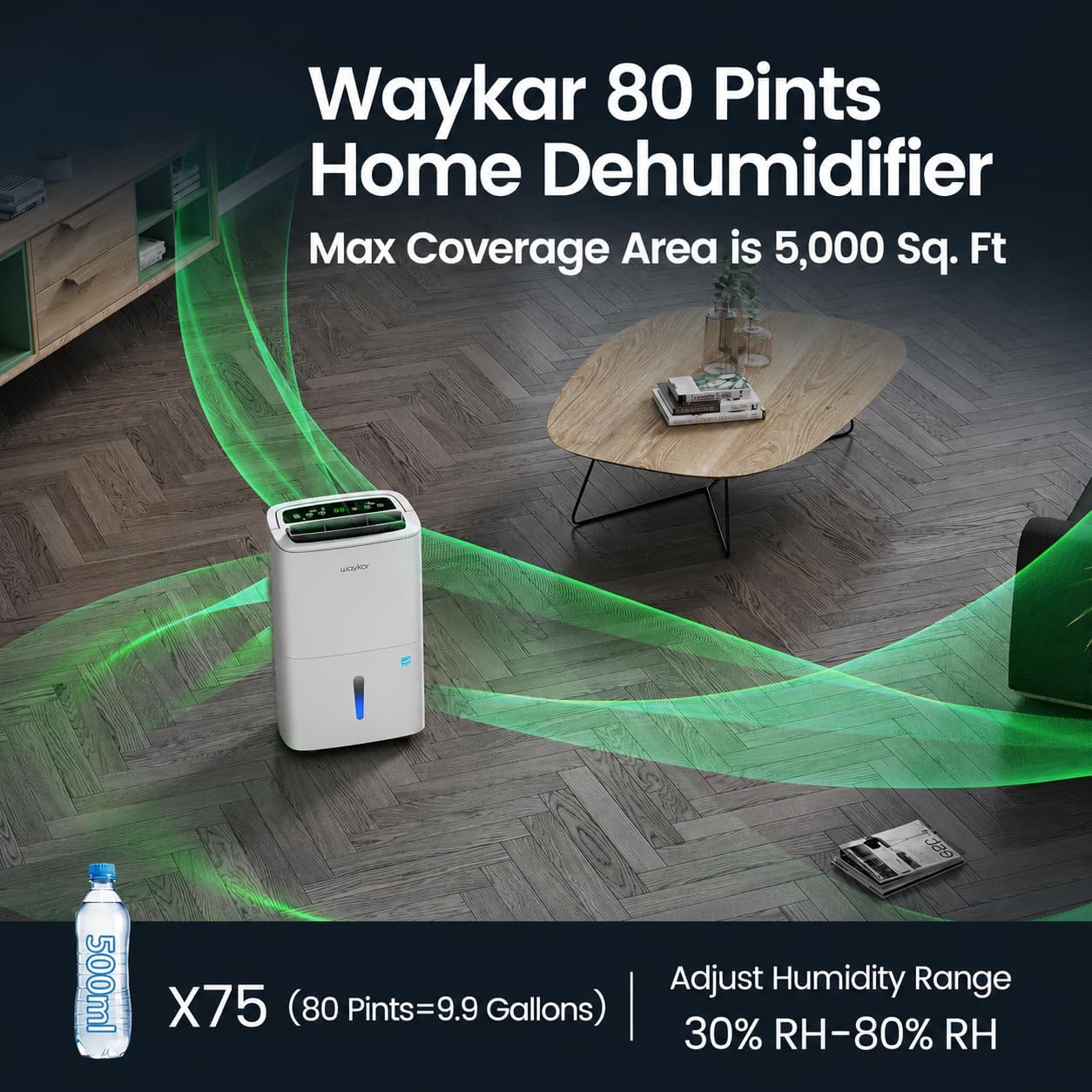 Waykar 80 Pints 2025 Energy Star Dehumidifier for Home up to 5,000 Sq. Ft, Ideal for Basement, Bathroom and Large Room with Drain Hose, Portable, Auto Defrost and Self-Drying - Image 2
