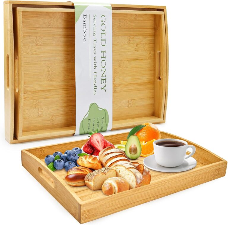 GOLD HONEY Bamboo Serving Tray with Handles, Wooden Serving Tray Set of 2