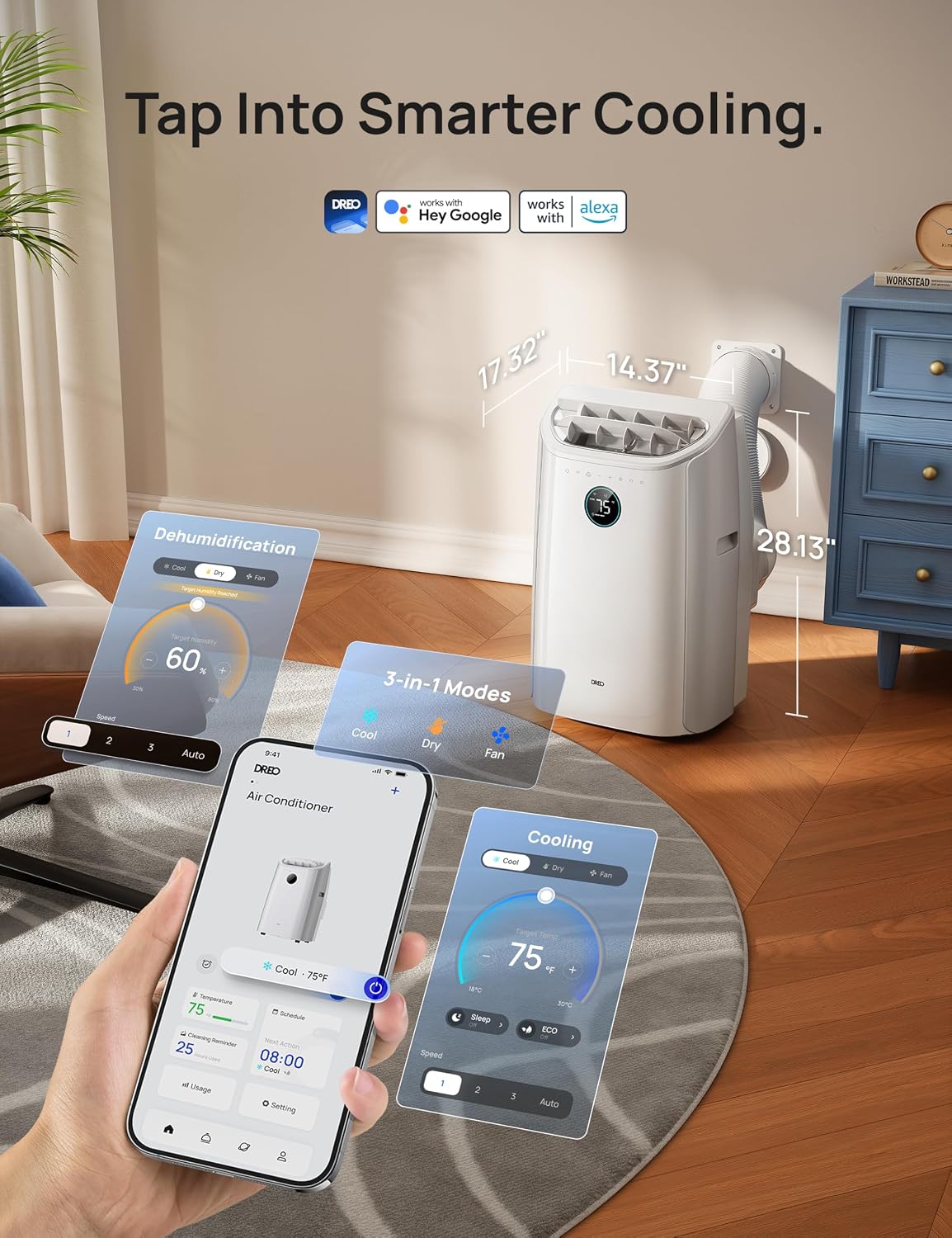 DREO Portable Air Conditioner 516S, 14000 BTU ASHRAE (10000 BTU DOE) Smart AC Unit for Bedroom with Drainage-free Cooling, Fan&Dehumidifier 3 in 1, APP/Voice/Remote, Quiet Standing AC for Room Indoors - Image 7
