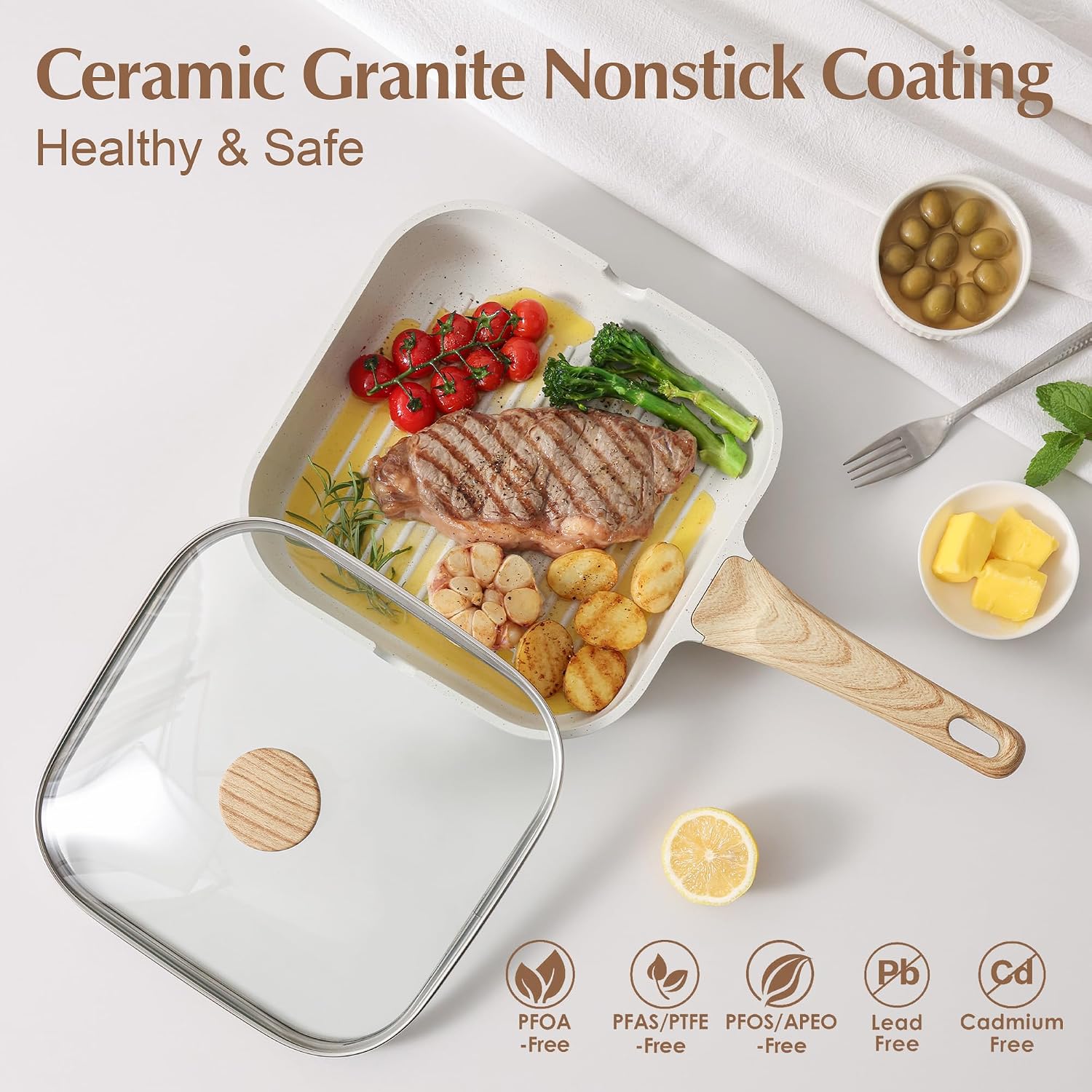 SENSARTE Nonstick Ceramic Grill Pan with Lid, Versatile Square Grilling Pan with Pour Spouts, Durable Grill Skillet for All Stoves(Gas,Electric,Induction) Non Toxic-PTFE,PFAS,PFOA Free, 9.5 Inch - Image 2