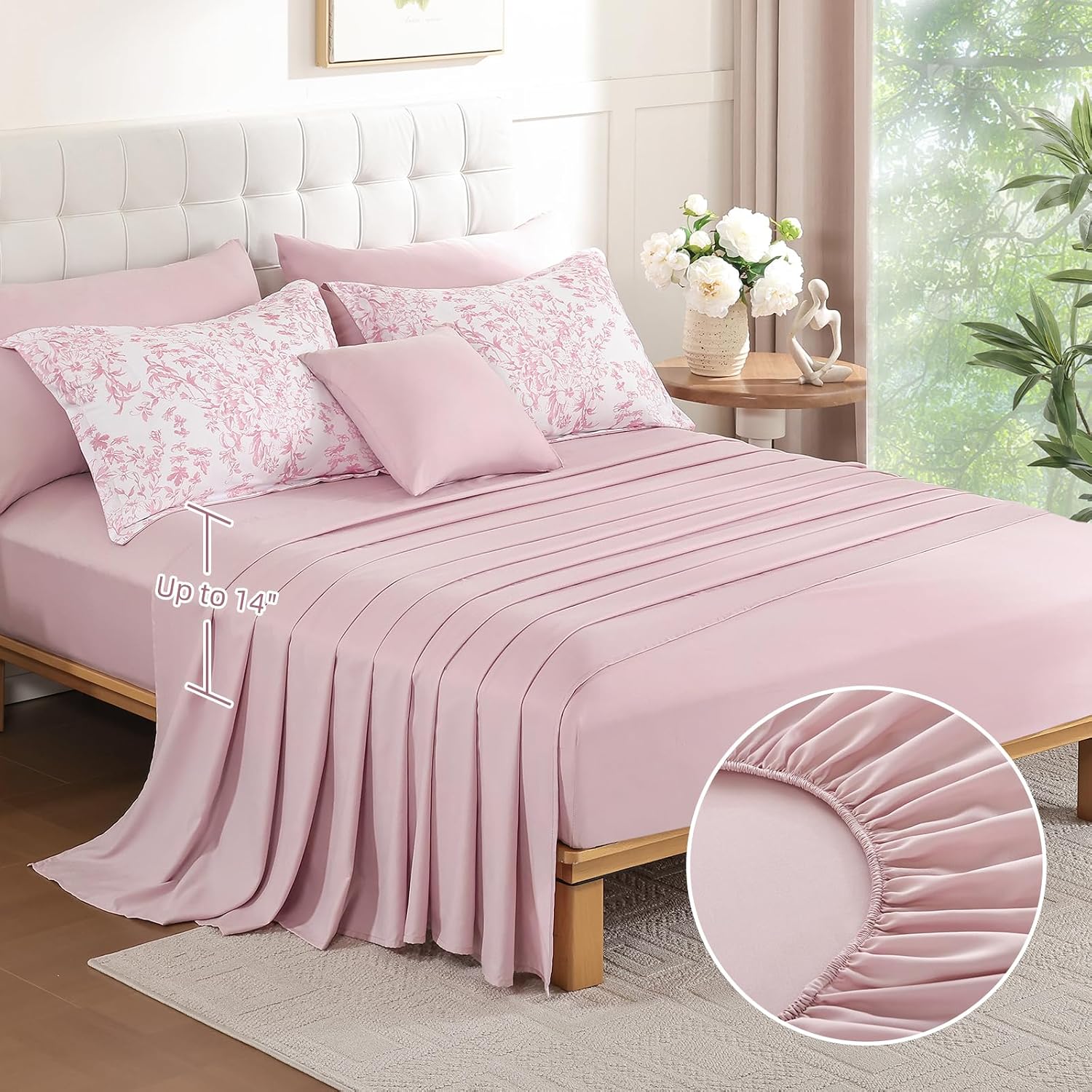 WONGS BEDDING Queen Size Comforter Set, 8 Pieces Pink Floral Bed in a Bag Comferter Sets, Botanical Print Soft Fluffy Microfiber Complete Bedding Sets for All Season (90"x90") - Image 6