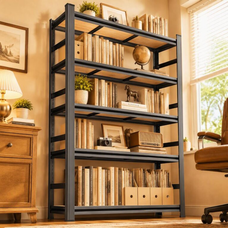 Bolt-Free Metal Bookshelf, Adjustable Tall Bookcase with Anti-Drop Fence, Heavy Duty Deep Book Shelf, Large Office Bookshelf, Modern Storage Shelves for Bedroom, LivingRoom, Garage
