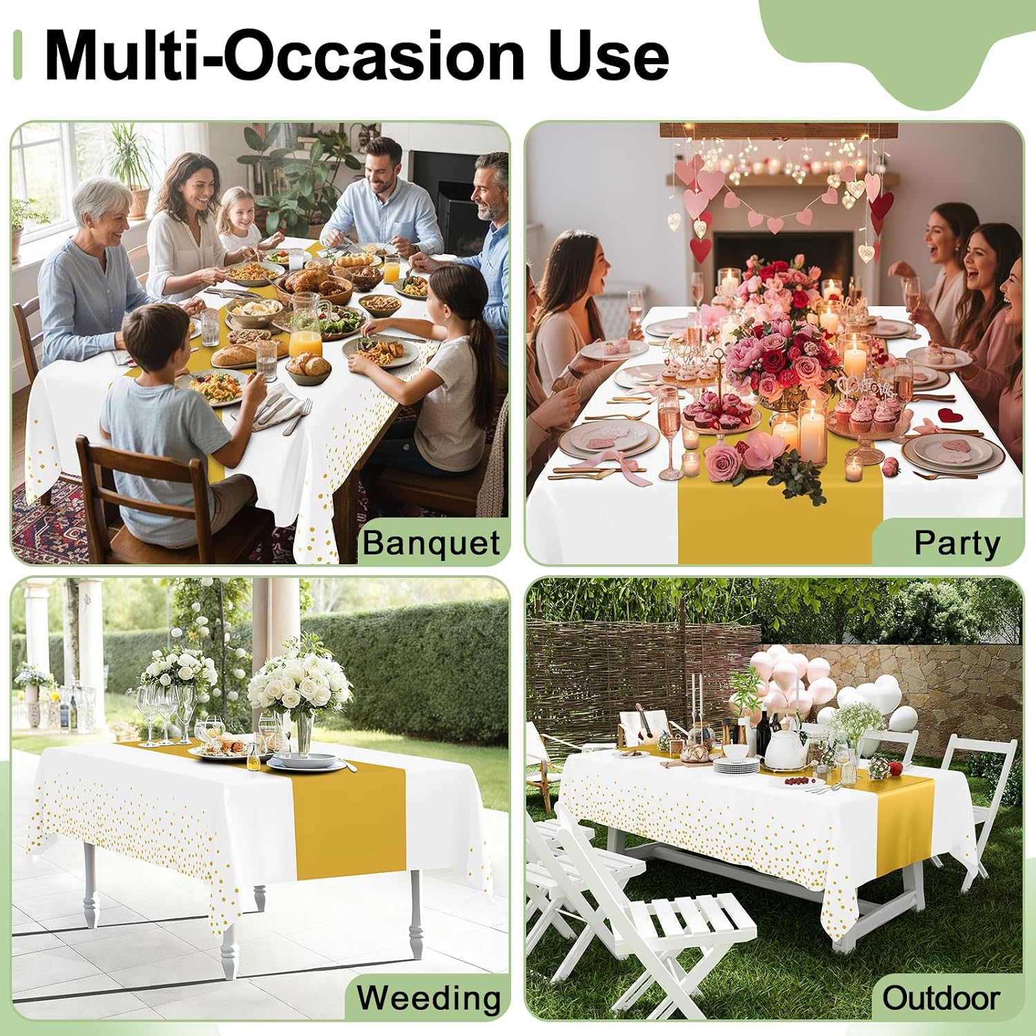 Smiry Plastic Table Cloth Disposable 12 Pack, 54 x 108 Inch Rectangle Waterproof Tablecloth, Printed Gold Table Runner Style for Birthday Weeding, Party, Leakproof & Sturdy, White and Gold - Image 7