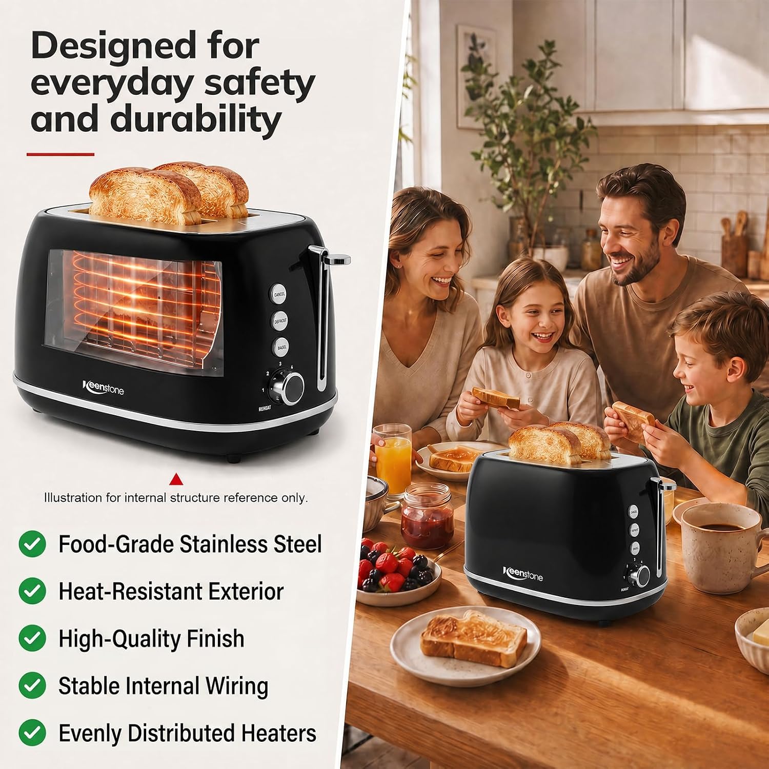 2 Slice Retro Stainless Steel Toaster with Bagel, Cancel, Defrost Function and 6 Bread Shade Settings Bread Toaster, Extra Wide Slot and Removable Crumb Tray (Black) - Image 3