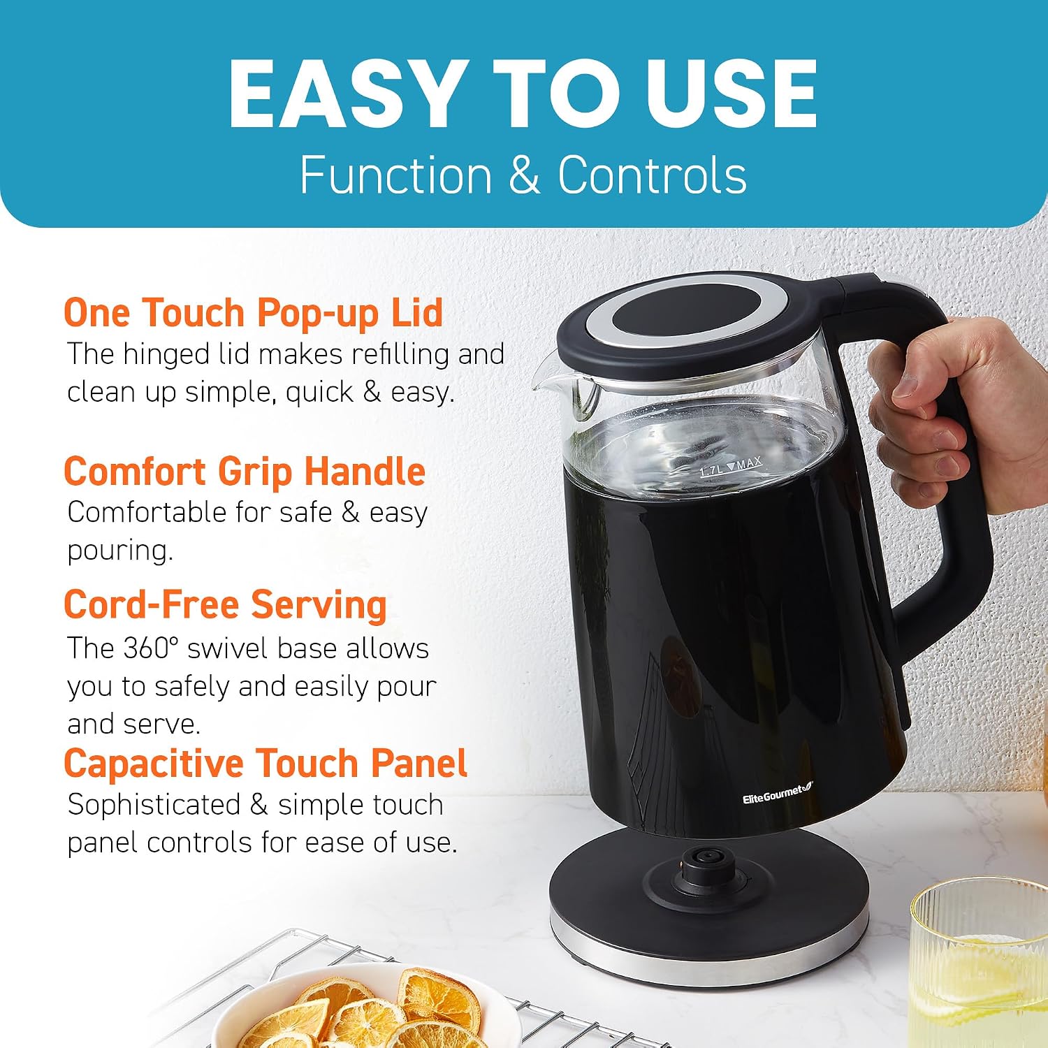 Elite Gourmet 1.7L Dual-Wall Cool-Touch Tea Kettle, Touchscreen, Black - Image 3
