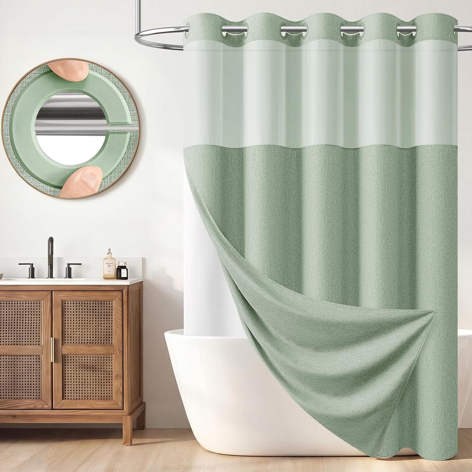 BTTN 72x81 Ringless Linen Look Shower Curtain with Snap in Liner Sage Green
