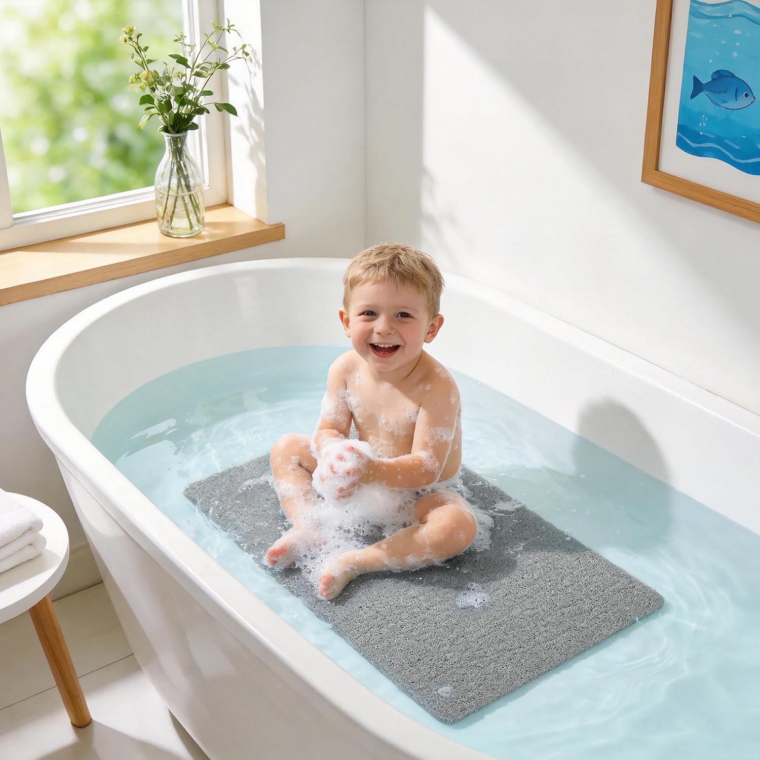 Asvin Soft Textured Bath, Shower, Tub Mat, 24x16 Inch Rectangular, Phthalate Free, Non Slip Comfort Bathtub Mats with Drain, PVC Loofah Bathroom Mat for Wet Areas, Quick Drying, Grey - Image 8
