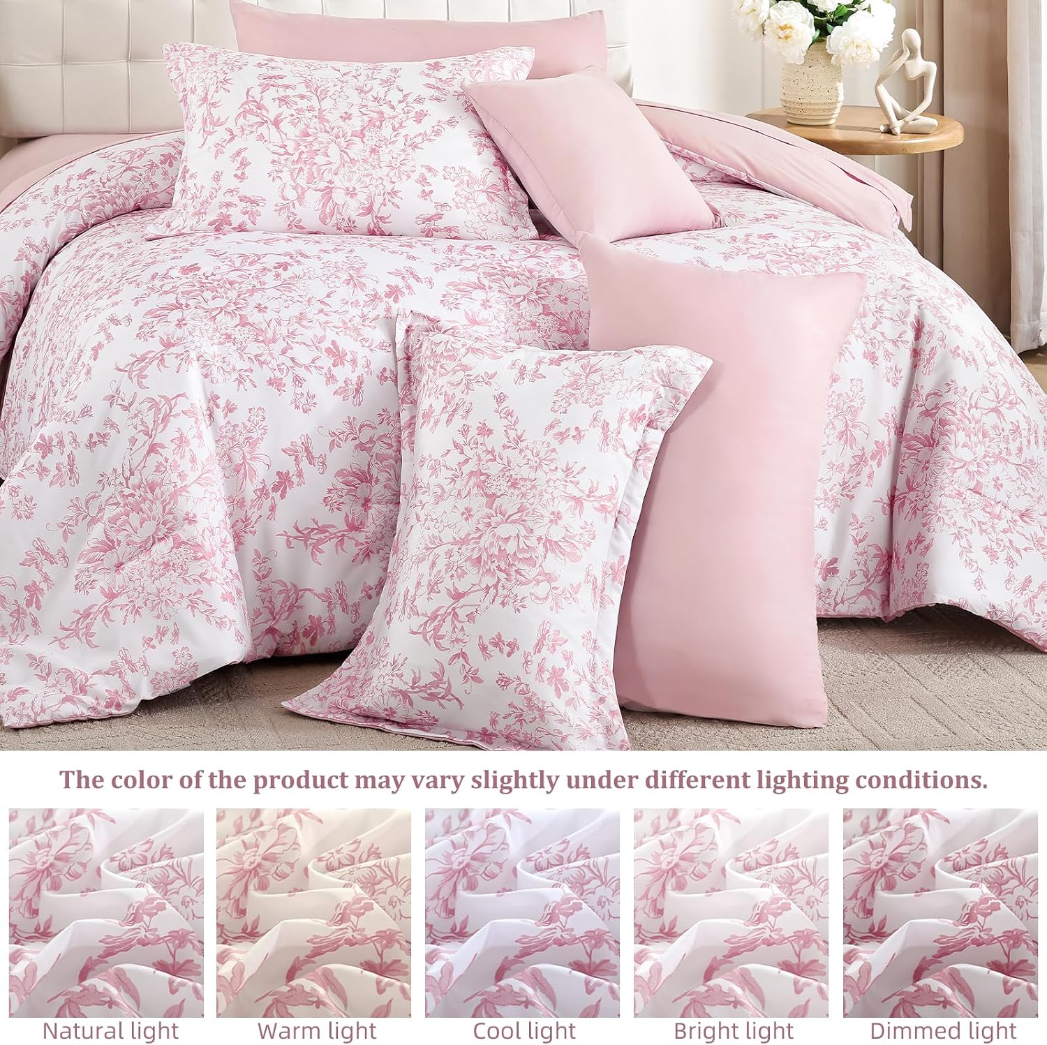 WONGS BEDDING Queen Size Comforter Set, 8 Pieces Pink Floral Bed in a Bag Comferter Sets, Botanical Print Soft Fluffy Microfiber Complete Bedding Sets for All Season (90"x90") - Image 8