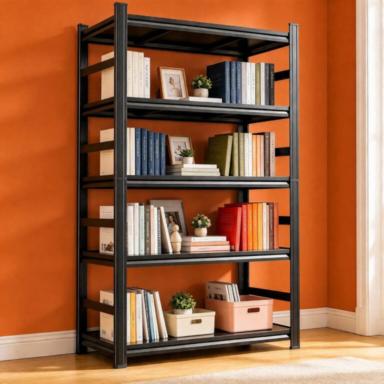 5 Tier Metal Bookshelf with Anti-Drop Fence, Bolt-Free Adjustable Tall Bookcase, Heavy Duty Modern Deep Office Book Shelf, Industrial Storage Shelves for Living Room, Bedroom, Garage