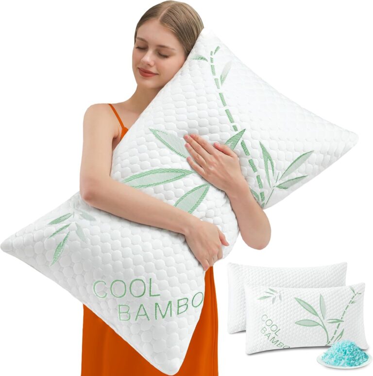 Bamboo Pillows, Cooling Pillows Queen Size Set of 2 Adjustable Firm Memory Foam Bed Pillows for Hot, Side, Back and Stomach Sleepers