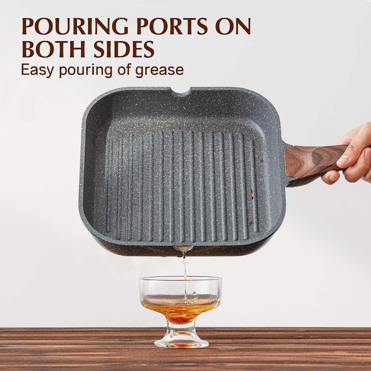 SENSARTE Nonstick Grill Pan for Stove Tops, Versatile Griddle with Pour Spouts, Square Big Cooking Surface, Durable Skillet Indoor & Outdoor Grilling. PFOA Free, 9.5 Inch - Image 5