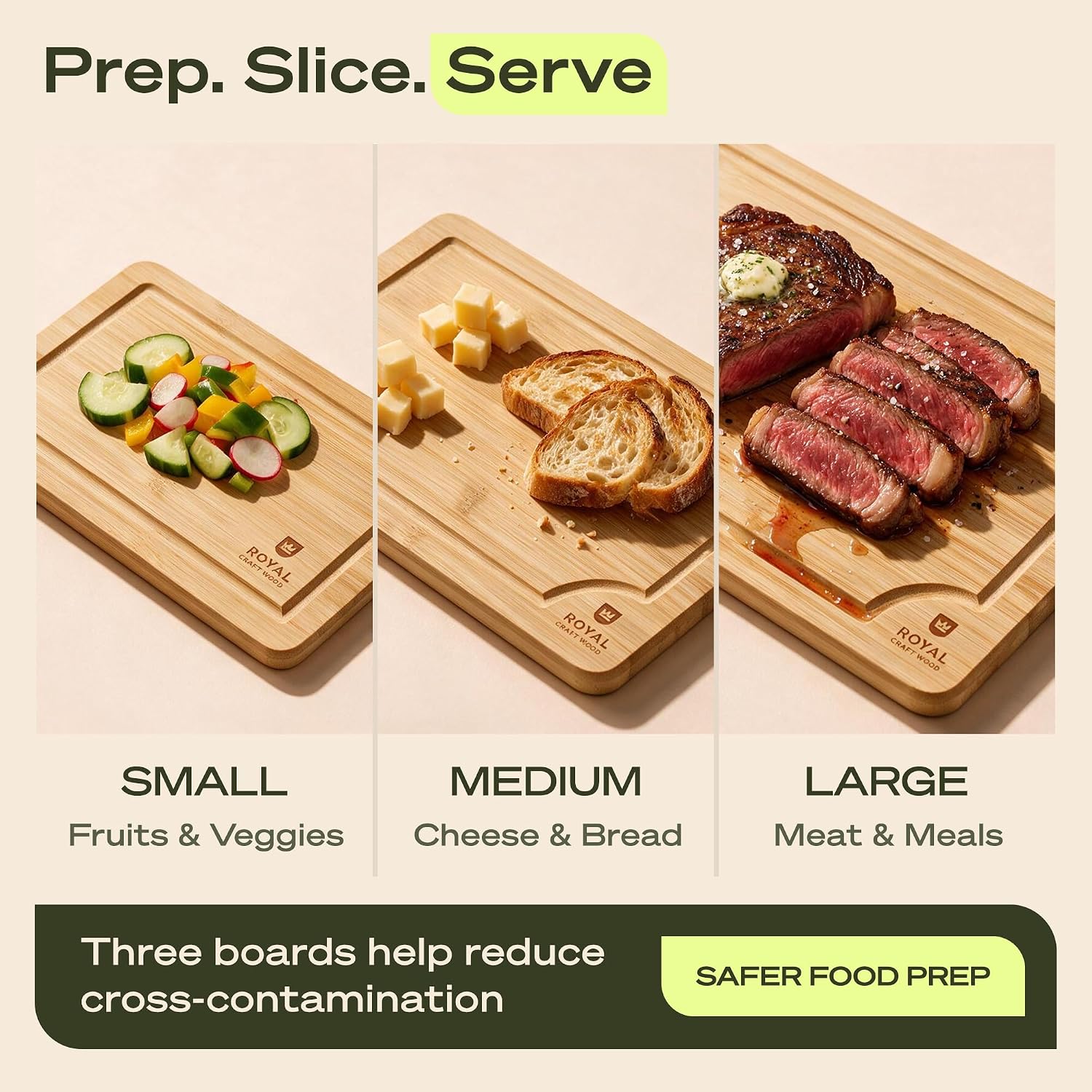 ROYAL CRAFT WOOD Wooden Cutting Boards for Kitchen Meal Prep & Serving - Bamboo Wood Serving Board Set with Deep Juice Groove Side Handles - Charcuterie & Chopping Butcher Block for Meat - Image 5