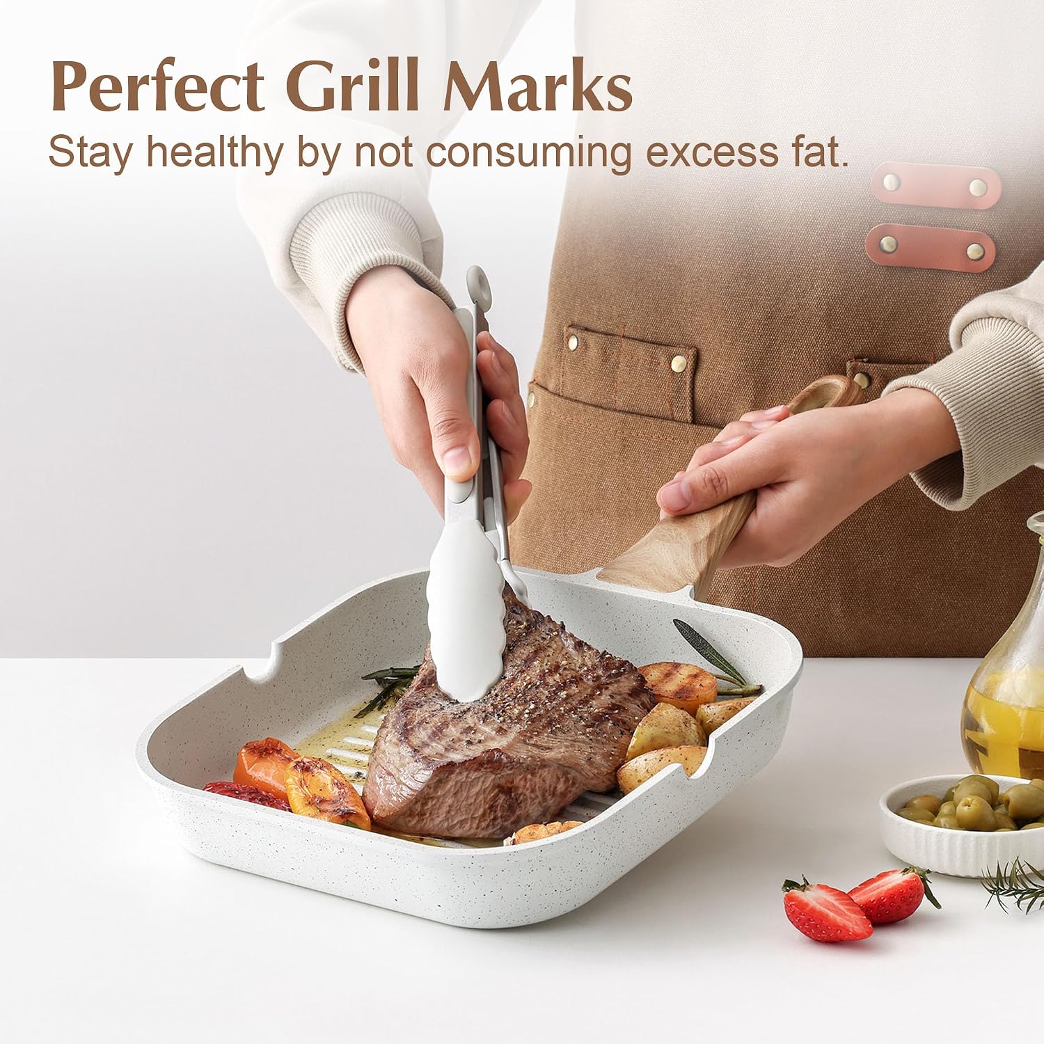 SENSARTE Nonstick Ceramic Grill Pan with Lid, Versatile Square Grilling Pan with Pour Spouts, Durable Grill Skillet for All Stoves(Gas,Electric,Induction) Non Toxic-PTFE,PFAS,PFOA Free, 9.5 Inch - Image 3