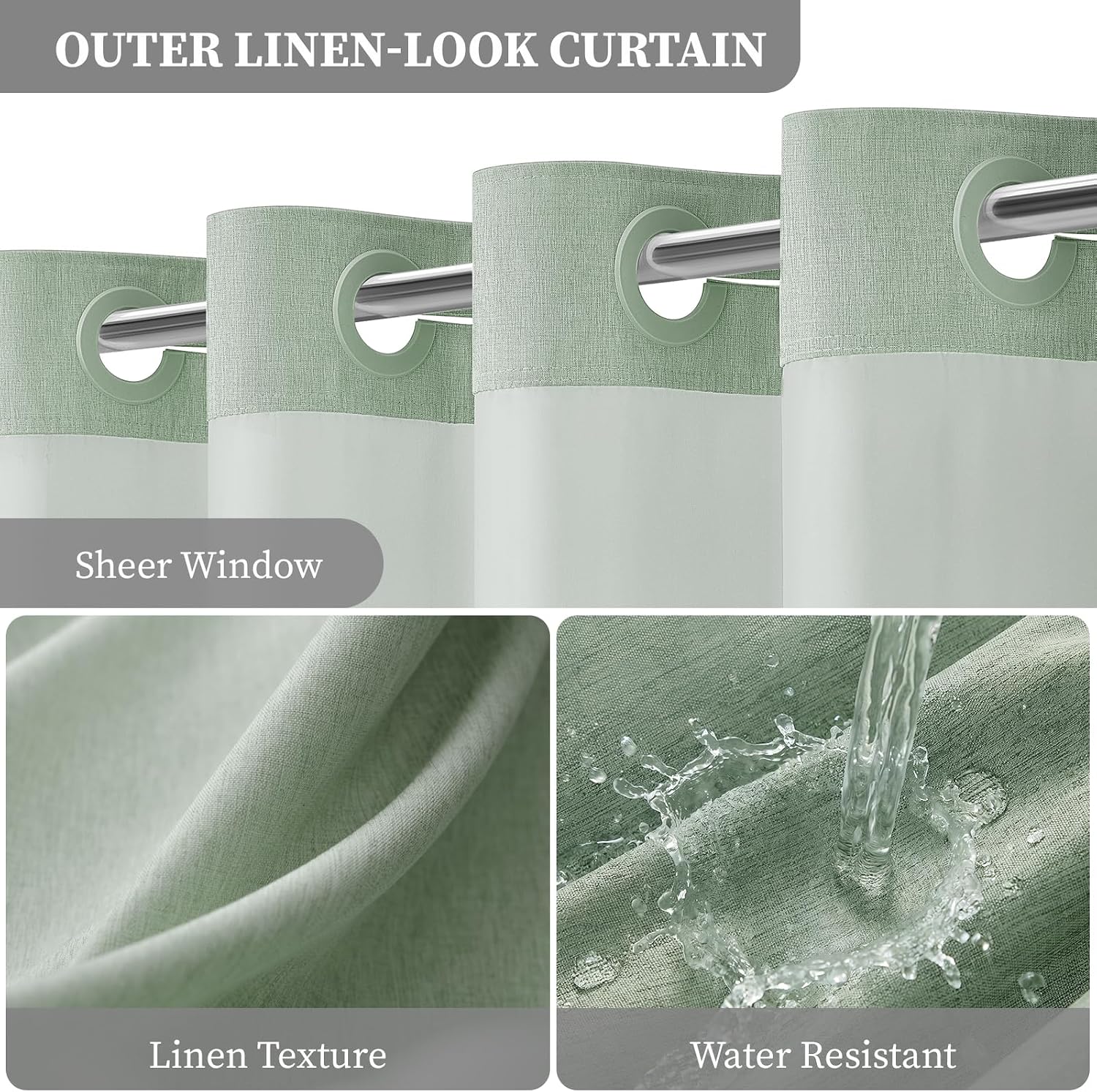 BTTN 72x81 Ringless Linen Look Shower Curtain with Snap in Liner Sage Green - Image 5