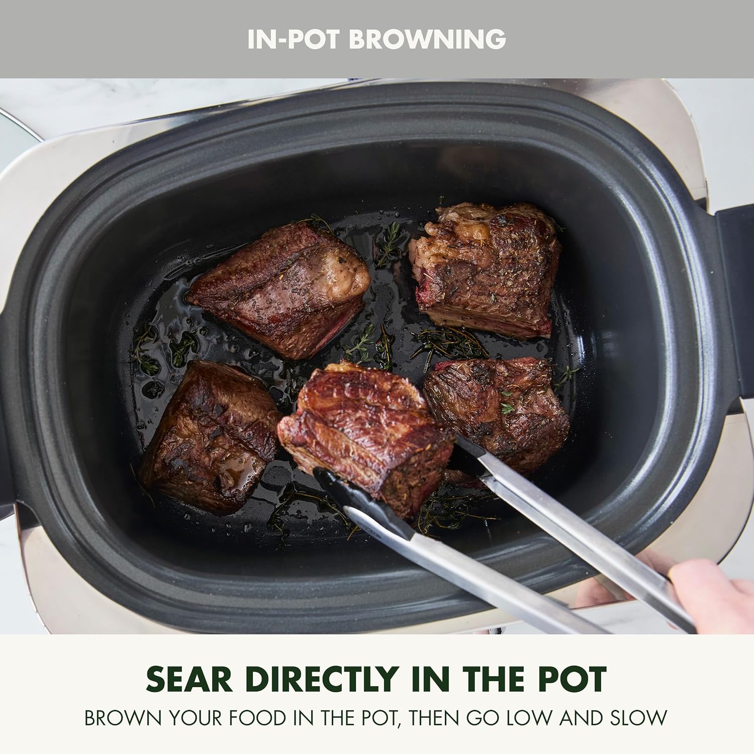 GreenPan Elite 14-in-1 Nonstick 6QT Electric Slow Cooker, PFAS-Free Ceramic Multi-Cooker, In-Pot Browning, Dishwasher Safe Lid & Removable Crock, Stainless Steel Steamer, Silicone Handles, White - Image 6
