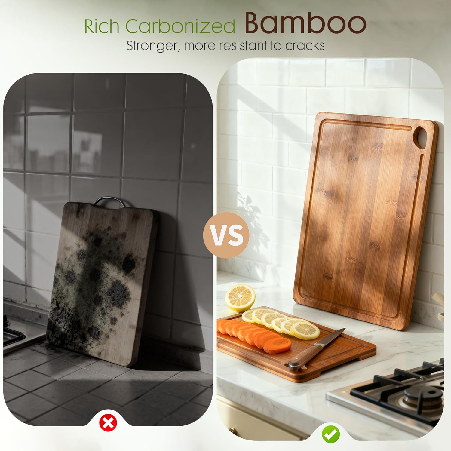 Astercook Deep-Carbonized Bamboo Cutting Boards for Kitchen with Wood Storage Stand, Reversible Charcuterie & Chopping Boards with Juice Grooves and Easy-Grip Handles, Fathers Day Gift for Men - Image 9