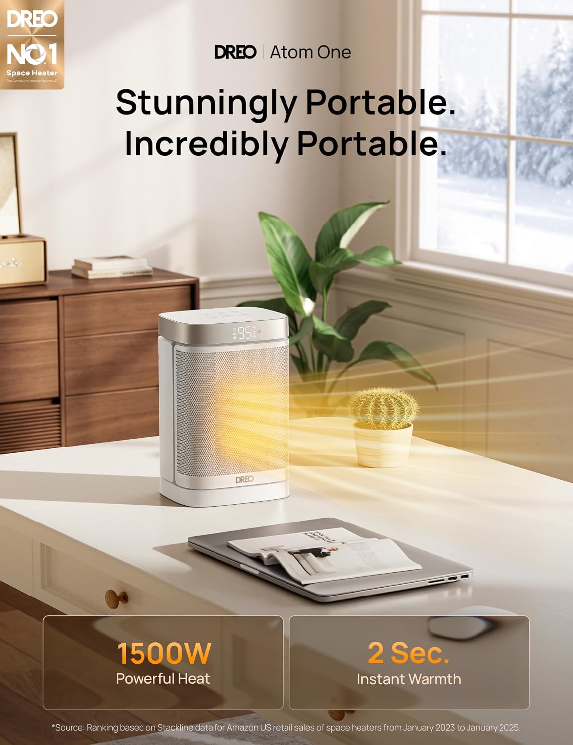 DREO Atom One Space Heater with Remote, 70°Oscillating Electric Heaters with Digital Thermostat, 1500W PTC Ceramic Heater, 12h Timer, Quiet Safety Heating, Portable Heater for Home Office - Image 2