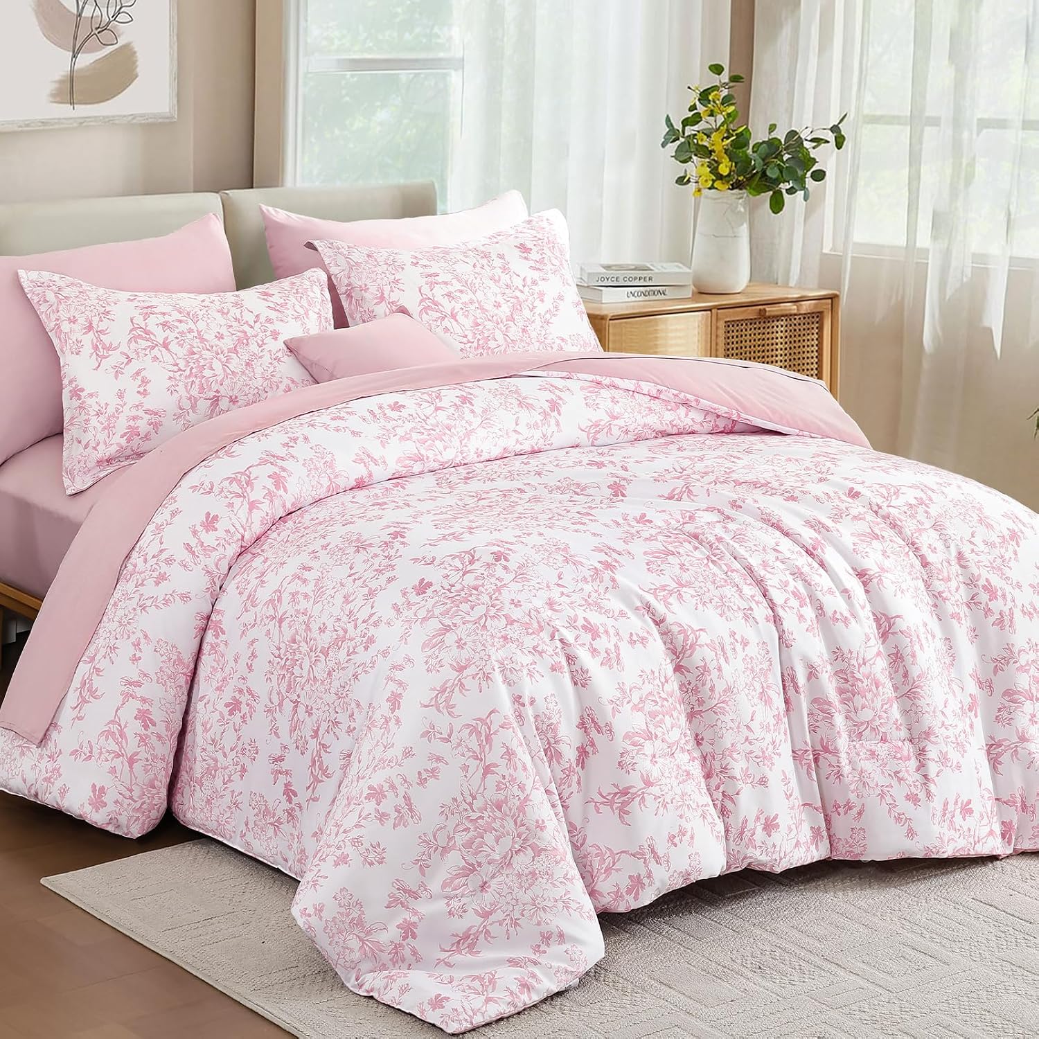 WONGS BEDDING Queen Size Comforter Set, 8 Pieces Pink Floral Bed in a Bag Comferter Sets, Botanical Print Soft Fluffy Microfiber Complete Bedding Sets for All Season (90"x90") - Image 2