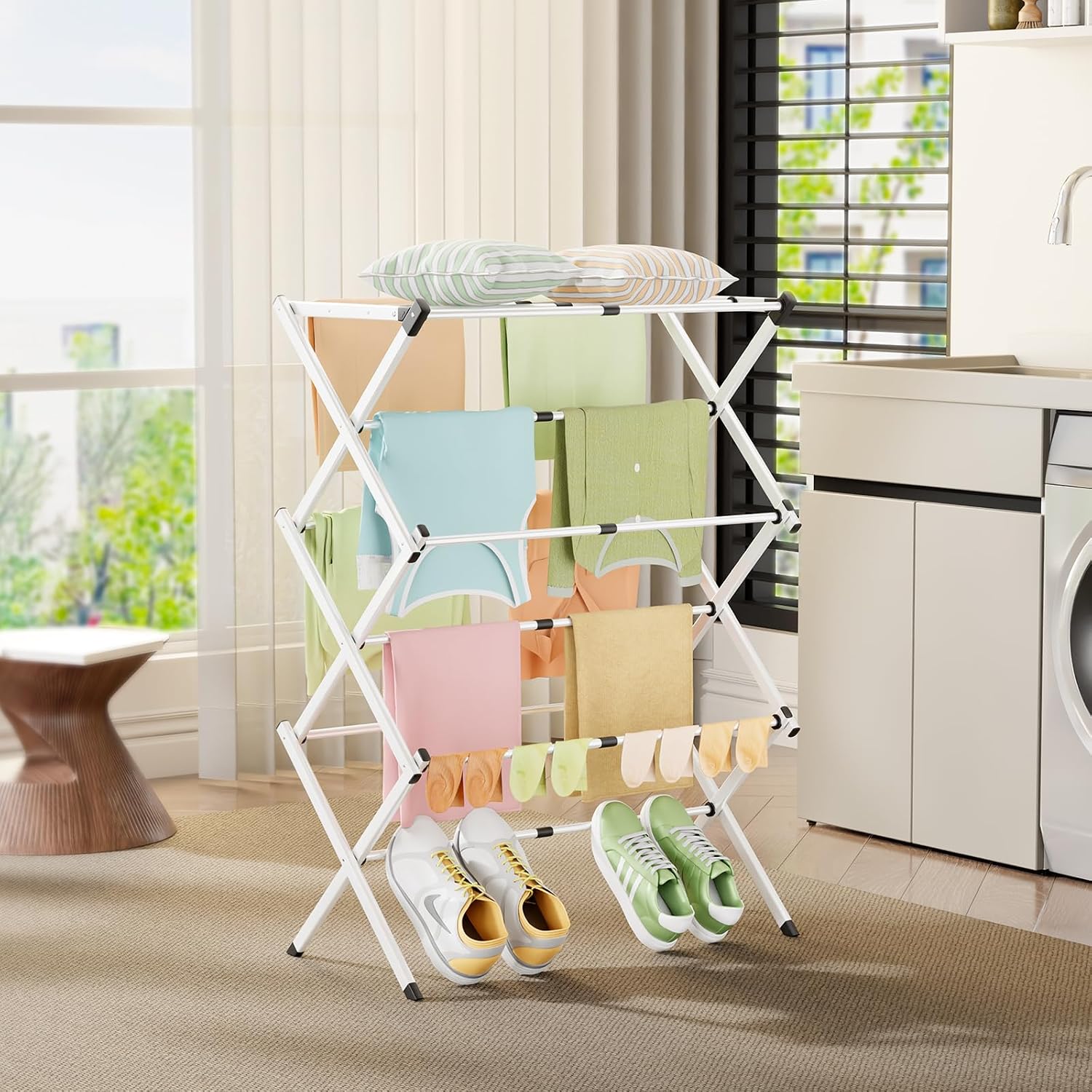 Foldable Clothes Drying Rack - 3-Tier Laundry Drying Rack, Collapsible Metal Indoor Airer, Portable X-Type Clothing Dryer with Shoe Hanger for Home & Balcony (No Assembly Required) - Image 7