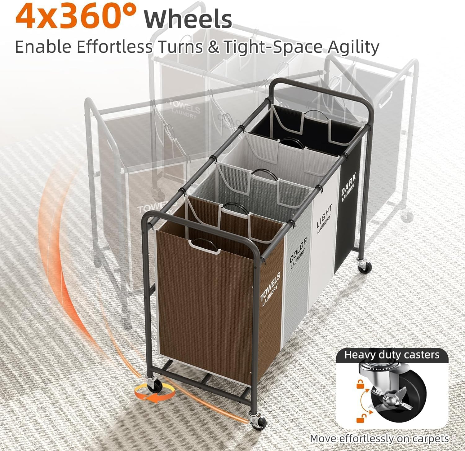 ROMOON Laundry Hamper Sorter Cart, 4-Section Organizer with Lockable Wheels - Image 7