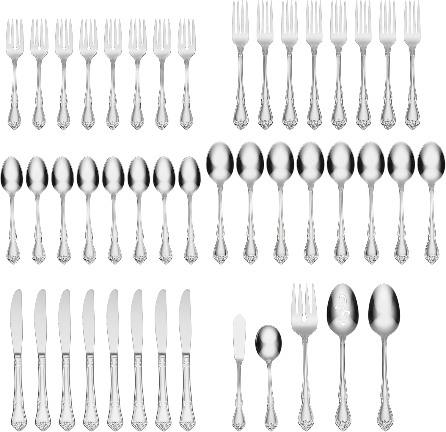 Oneida True Rose 45 Piece Everyday Flatware, Service for 8, 18/0 Stainless Steel, Silverware Set, Silver - Image 2