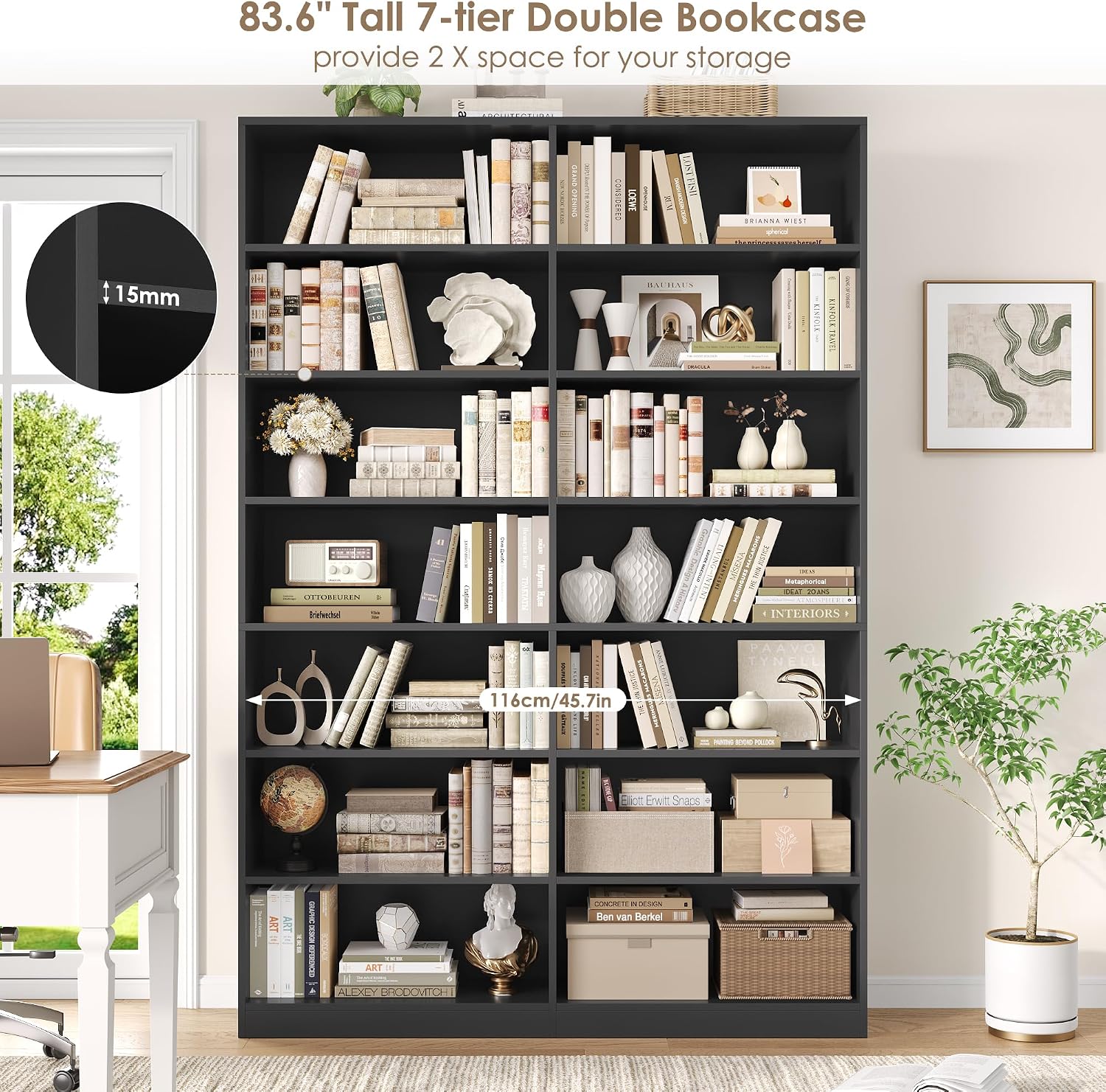 FACBOTALL 83.7" Tall Bookshelf and Bookcase,7-Tier Double Bookshelves Black - Image 5